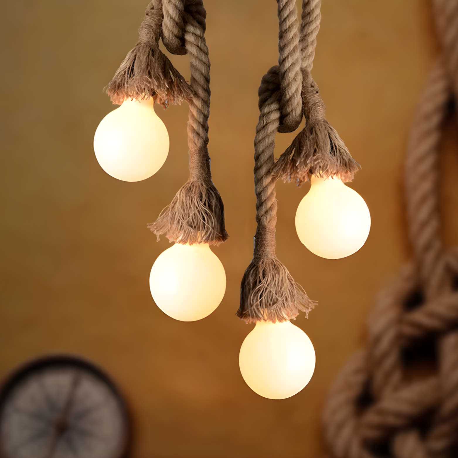 String of light bulbs hanging by ropes against a warm background