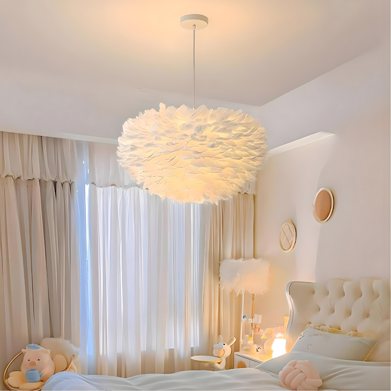 Chandelier in a bedroom with soft lighting and decor
