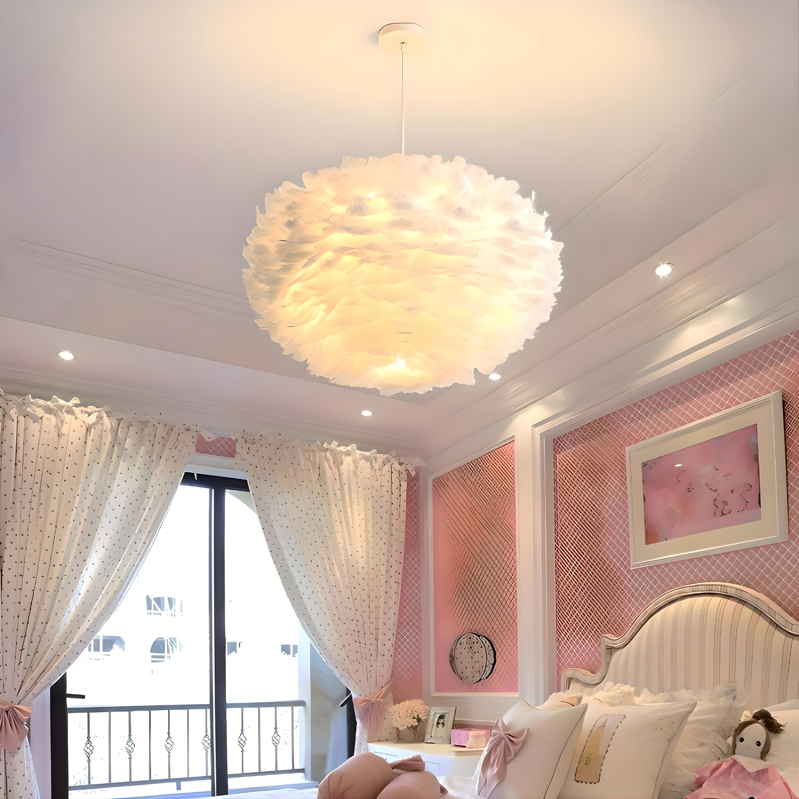 Chandelier in a bedroom with pink walls and a window.