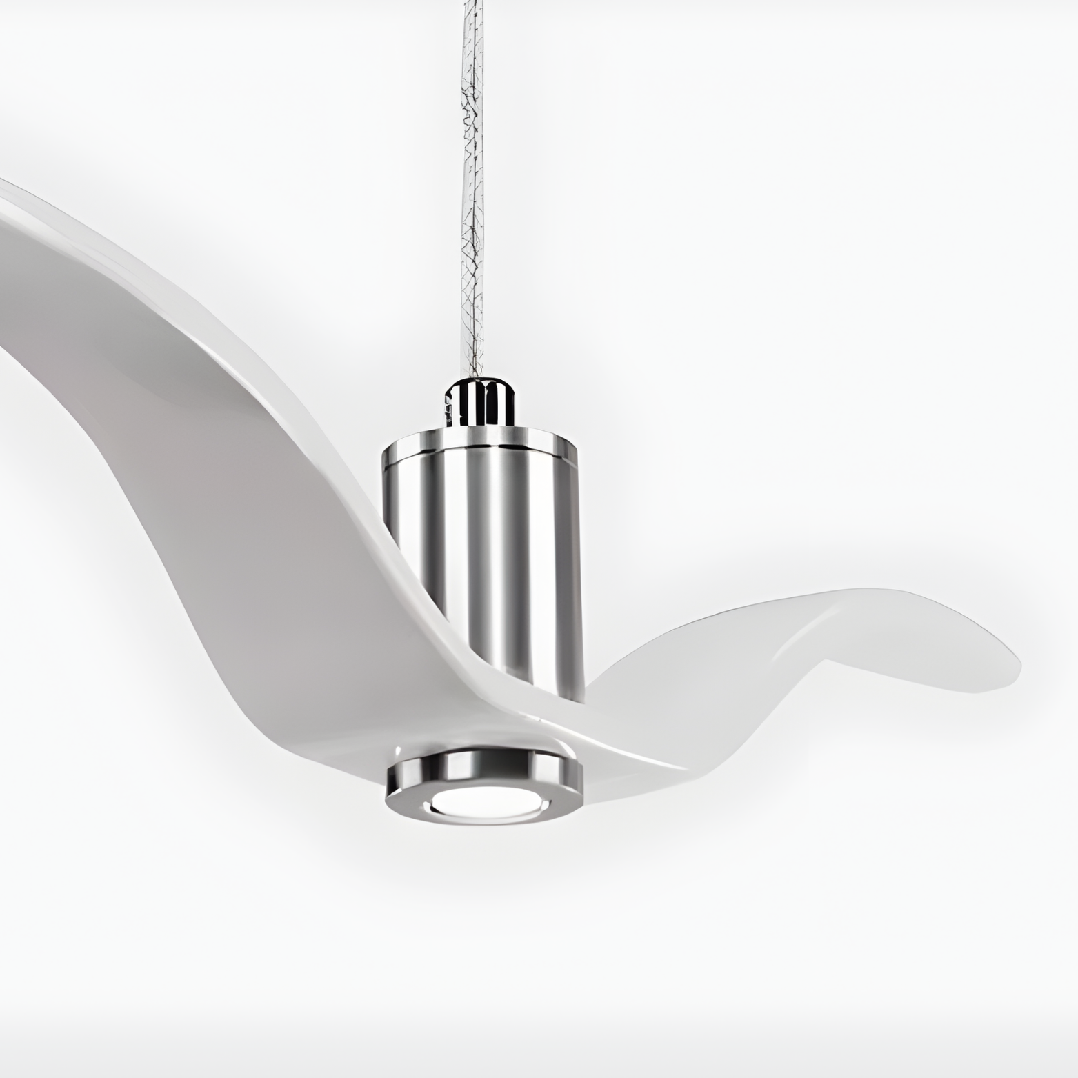 Modern ceiling light fixture with white blades and silver base on a white background