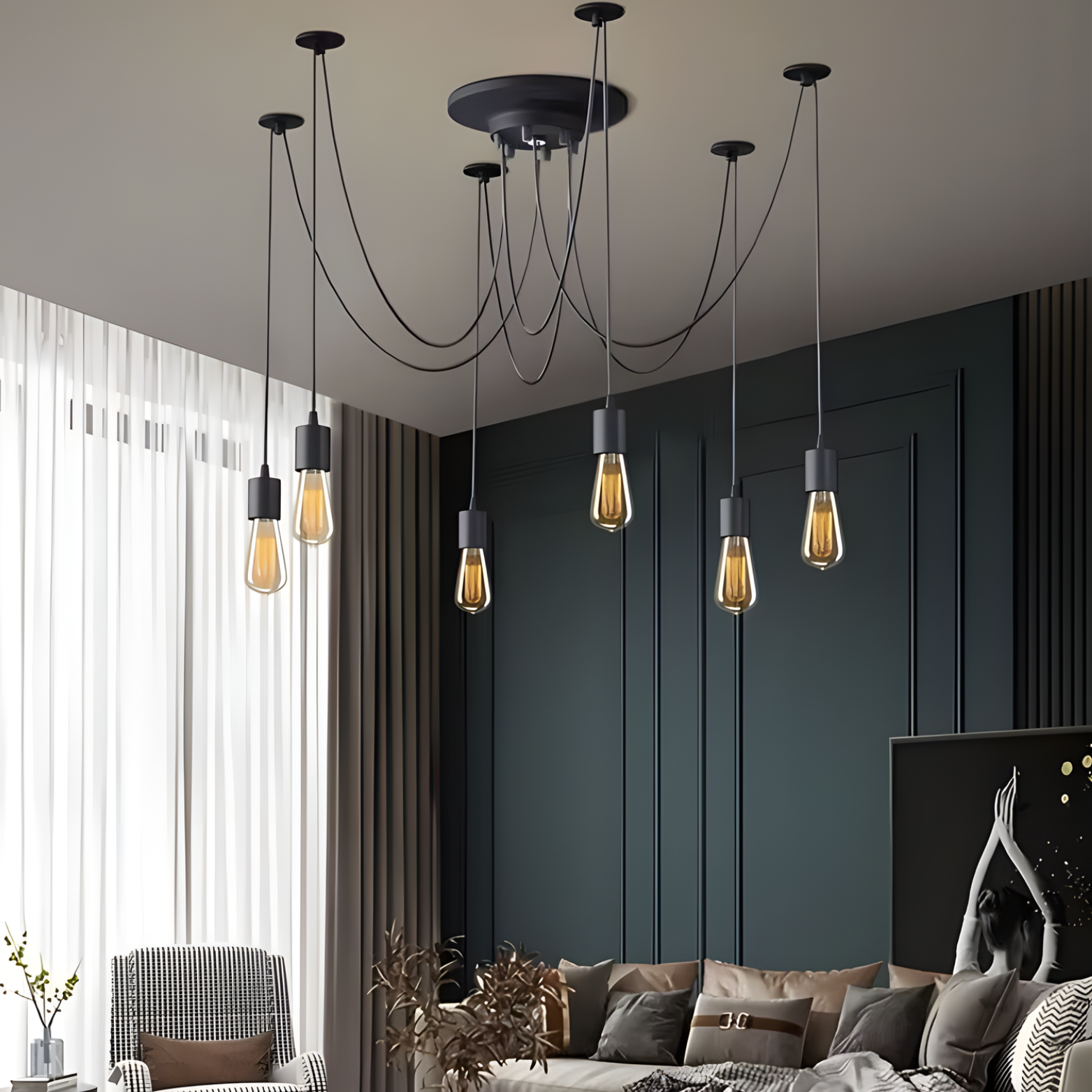 Modern bedroom with hanging pendant lights and a dark wall.