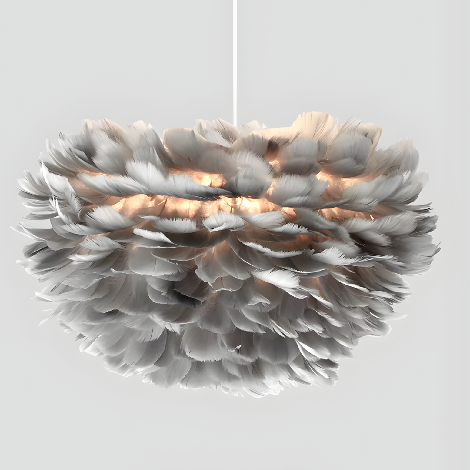 Feathered pendant light fixture on a white background