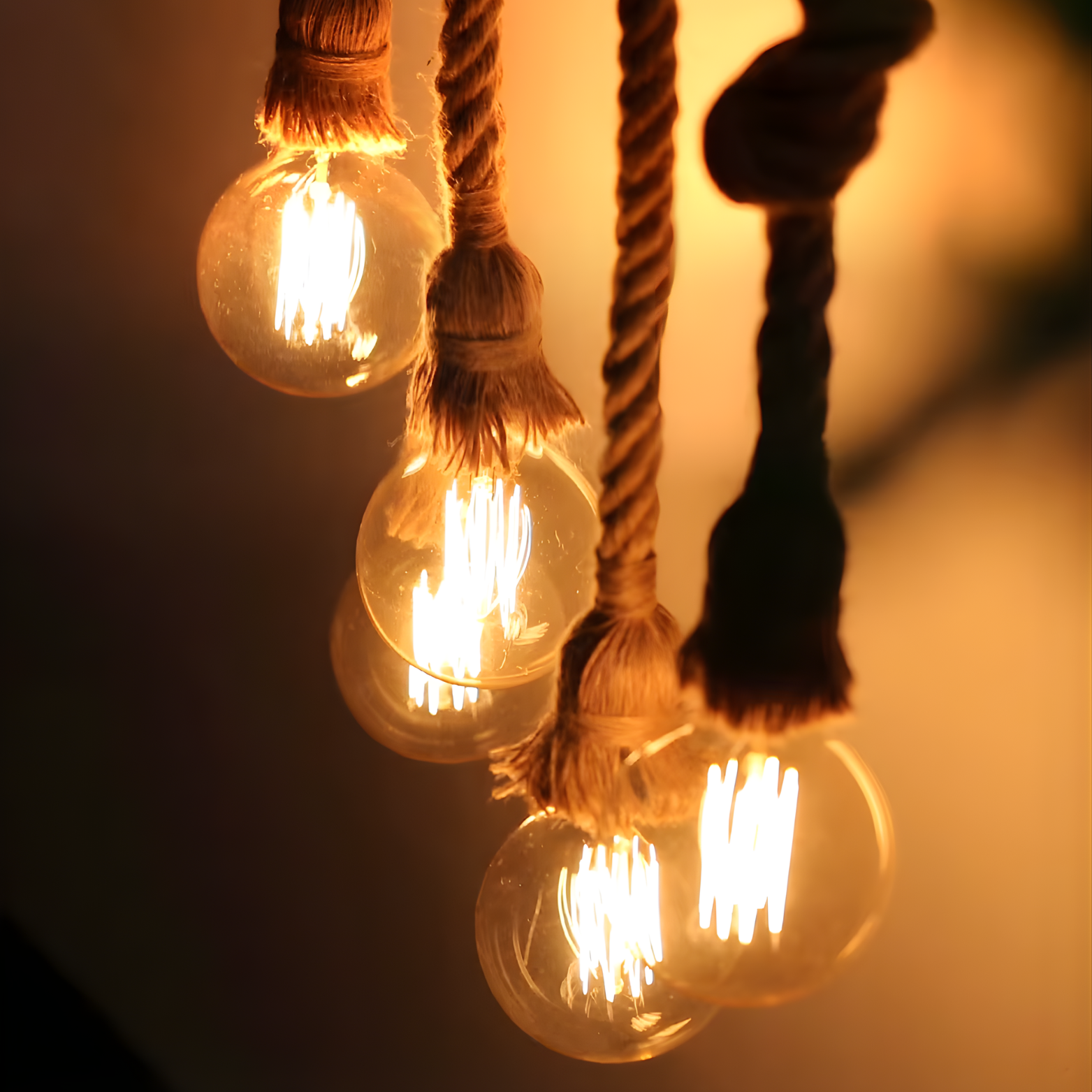 Three lit light bulbs hanging by ropes against a warm, blurred background