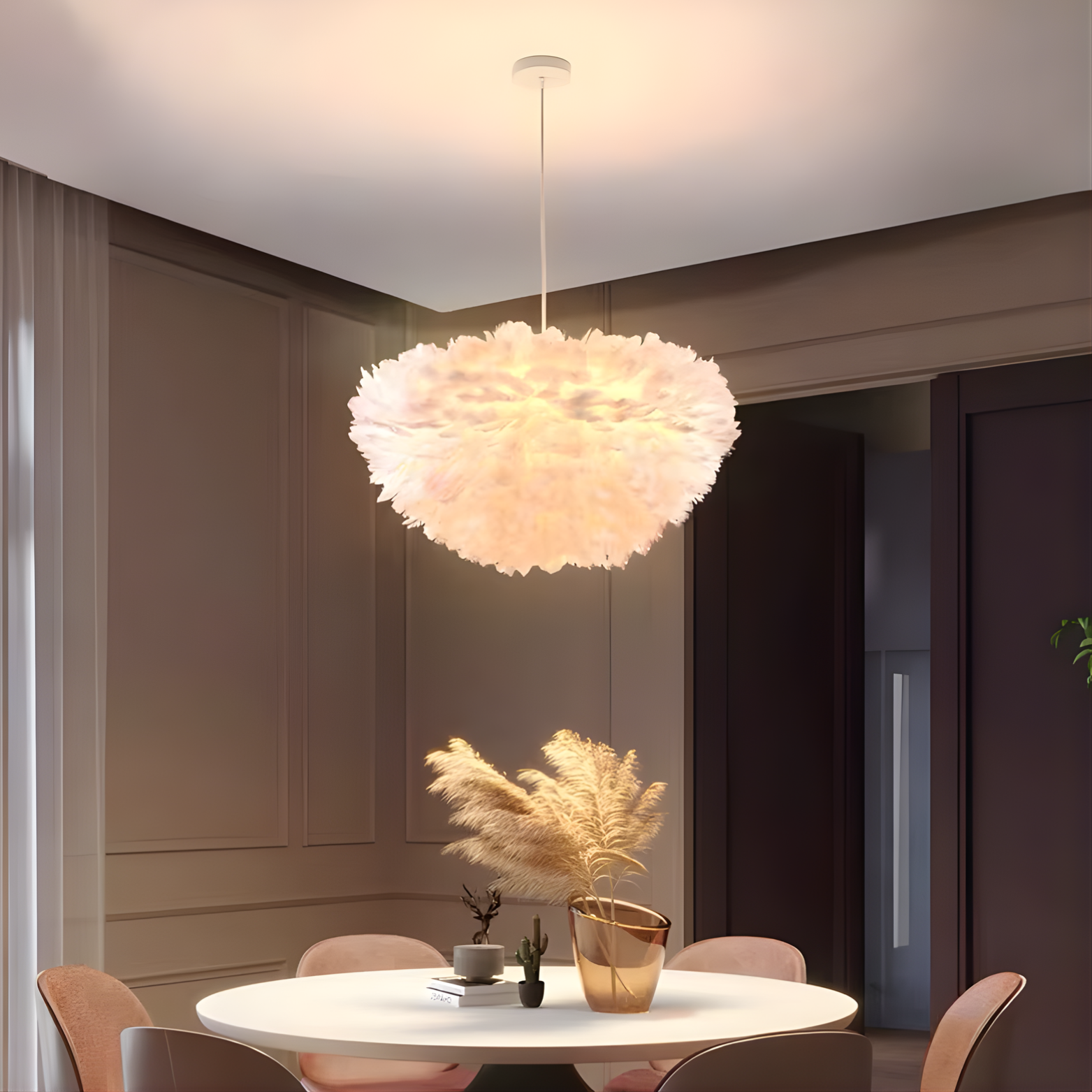 Modern dining room with a stylish pendant light fixture.