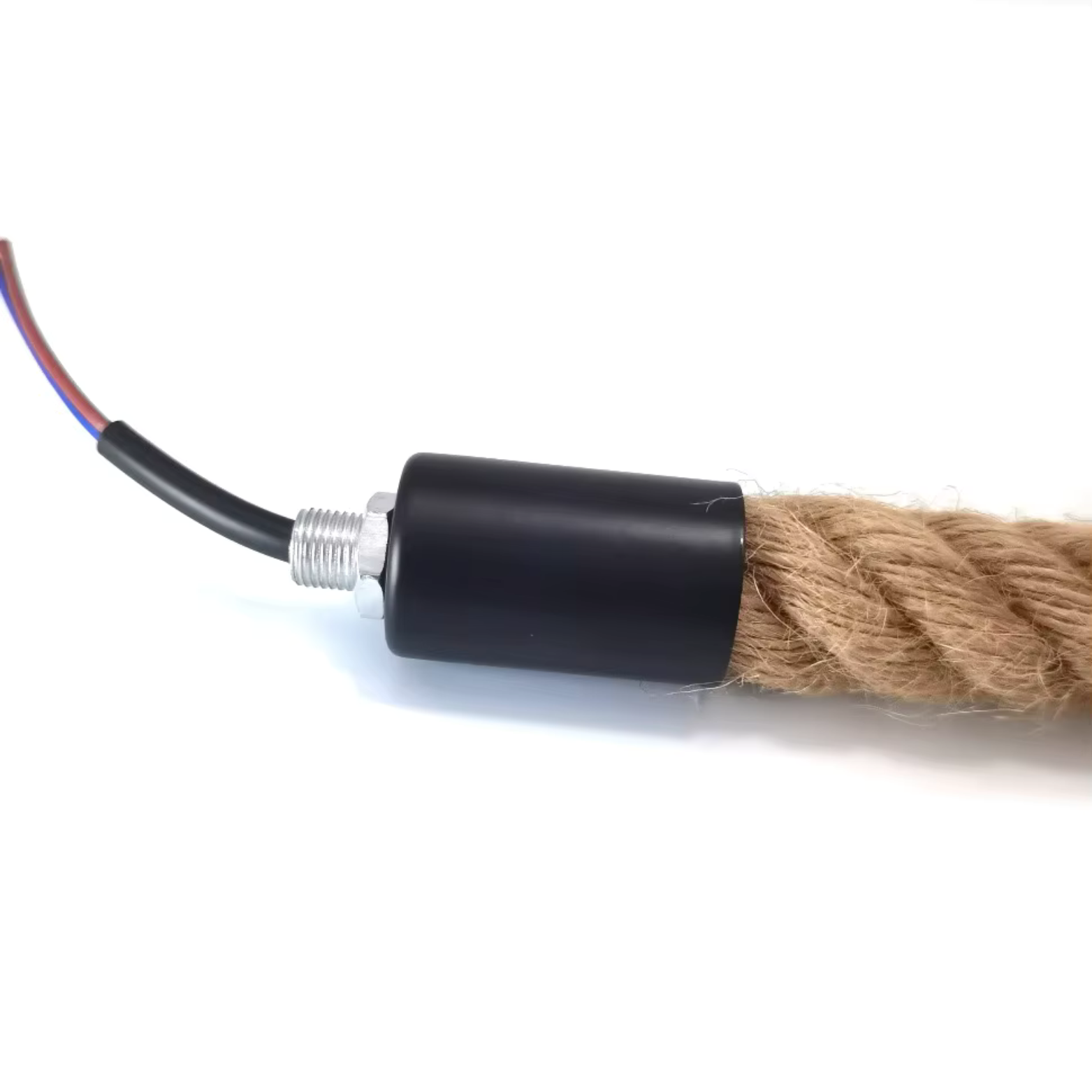 Rope with a black cylindrical connector and wires on a white background