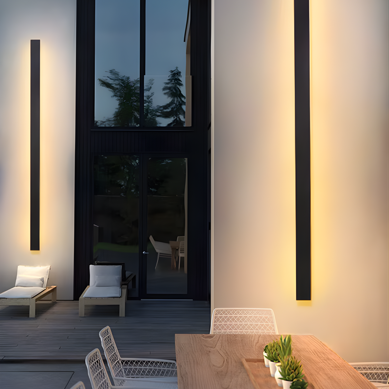 Modern outdoor patio with lighting fixtures and seating area.