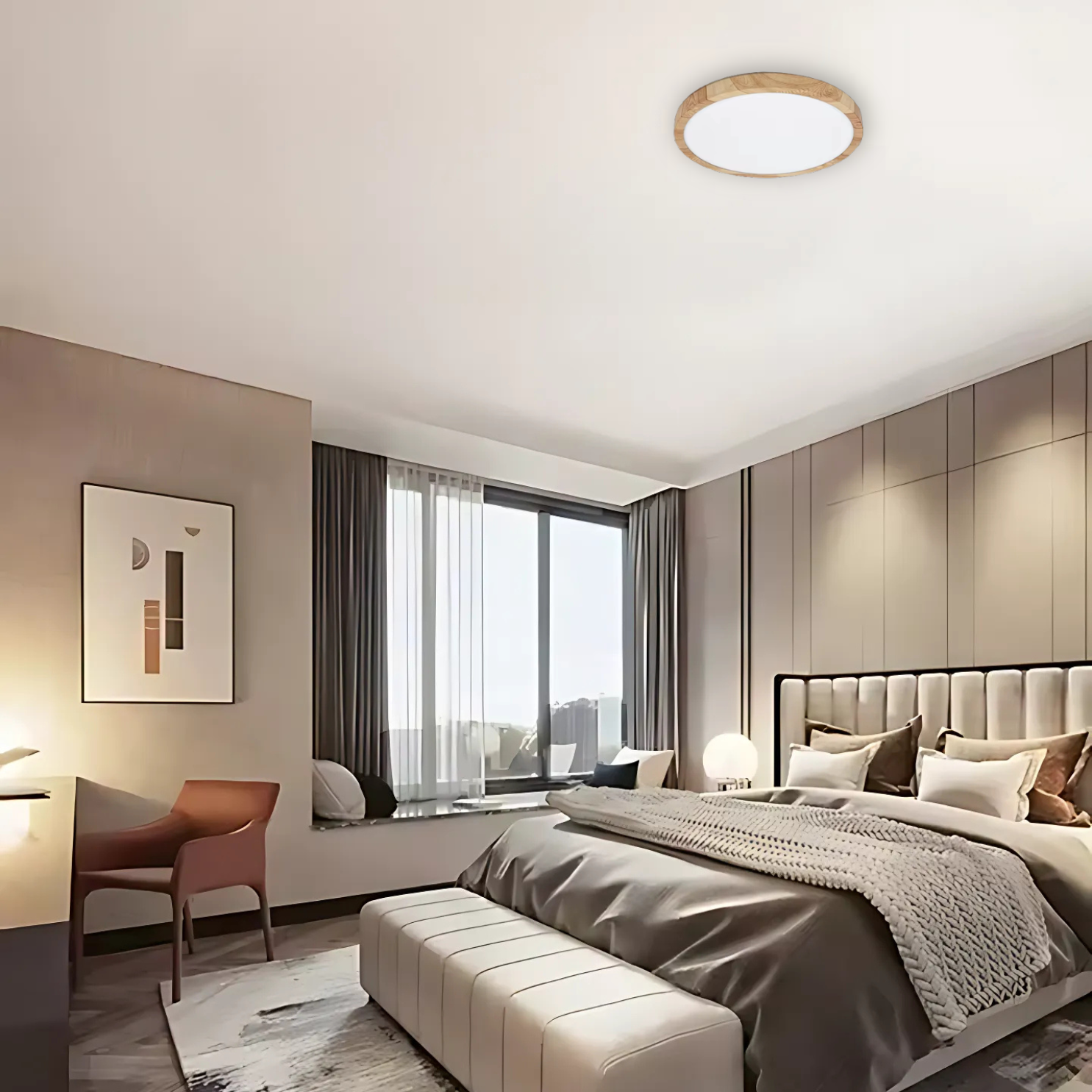 Selfoss - UFO Round LED Wood Style Ceiling Light Fixture