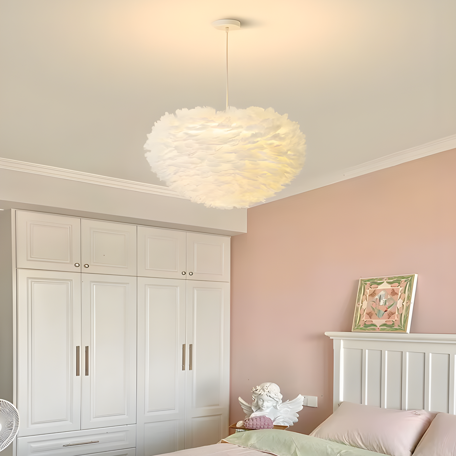 Neatly organized bedroom with a white ceiling light fixture, wardrobe, and bed.
