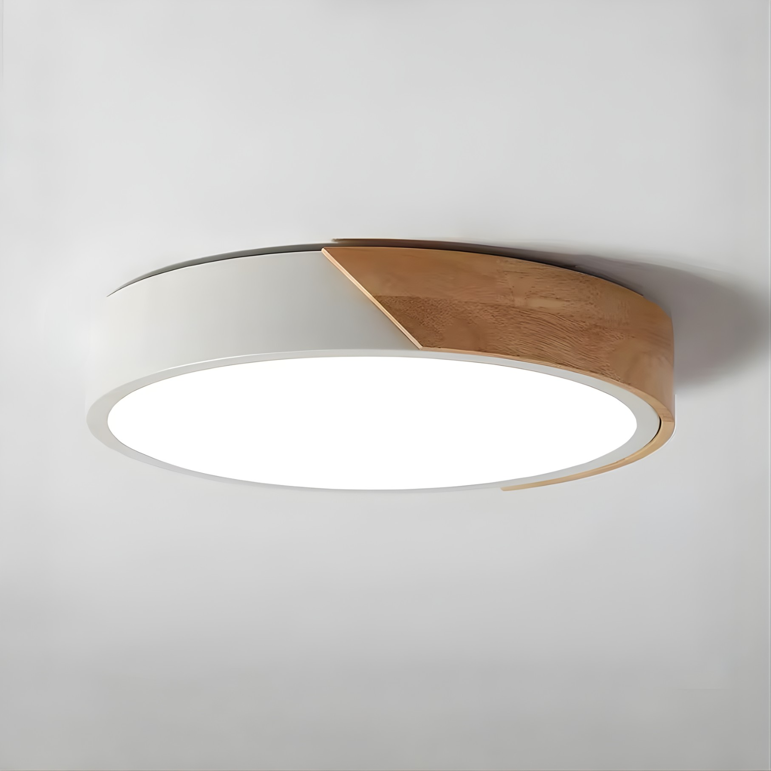 Ceiling light fixture with wooden accent on a white background