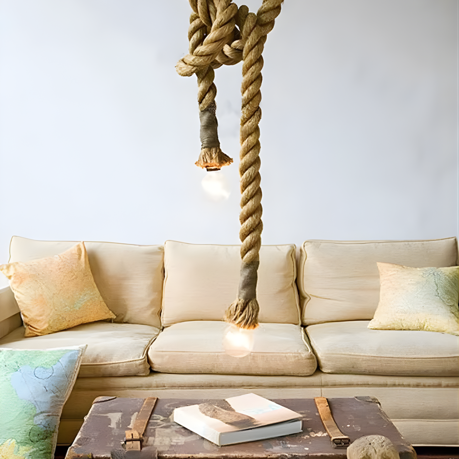 Rope light fixture hanging above a beige sofa with decorative pillows.