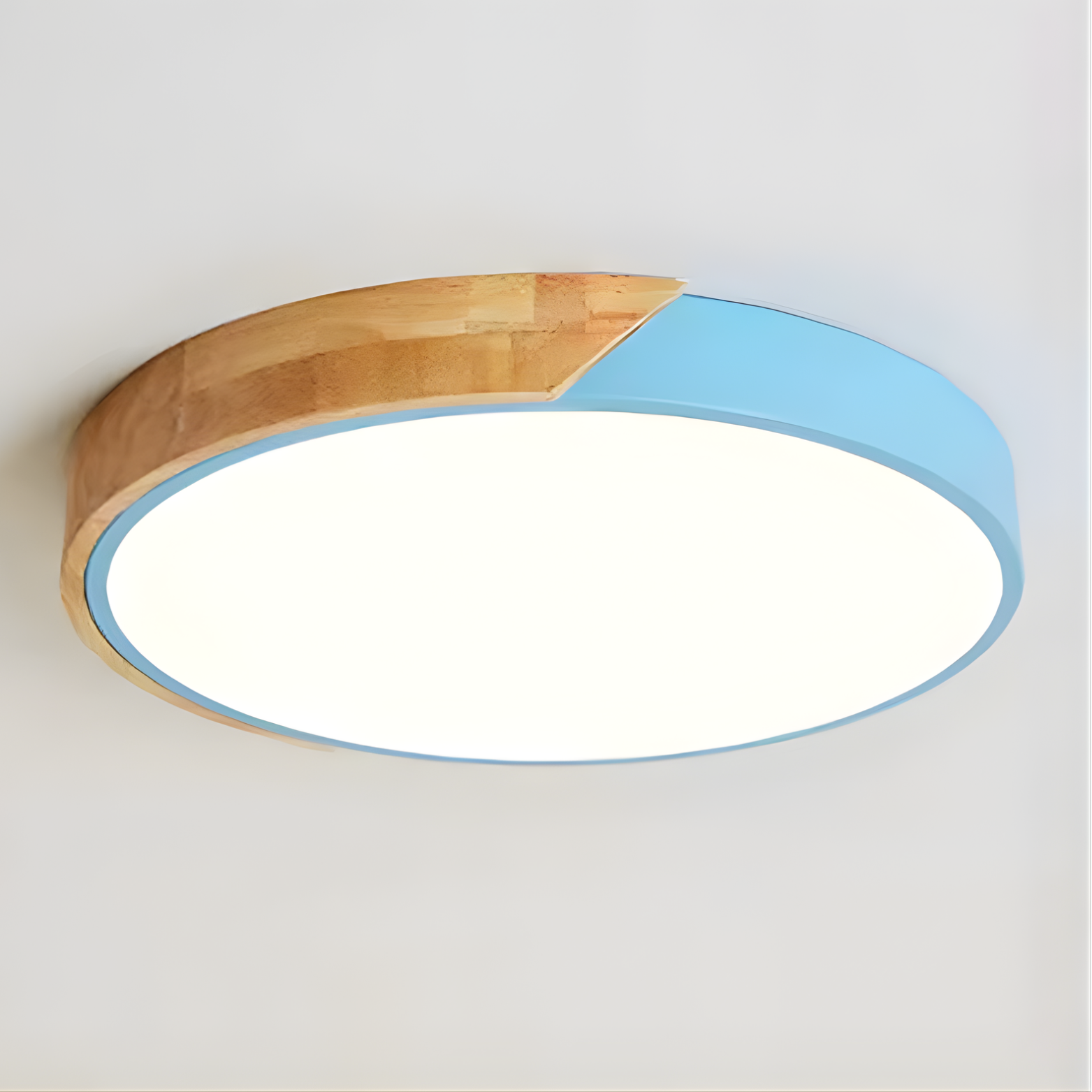 Ceiling light fixture with wooden and blue design on a plain background