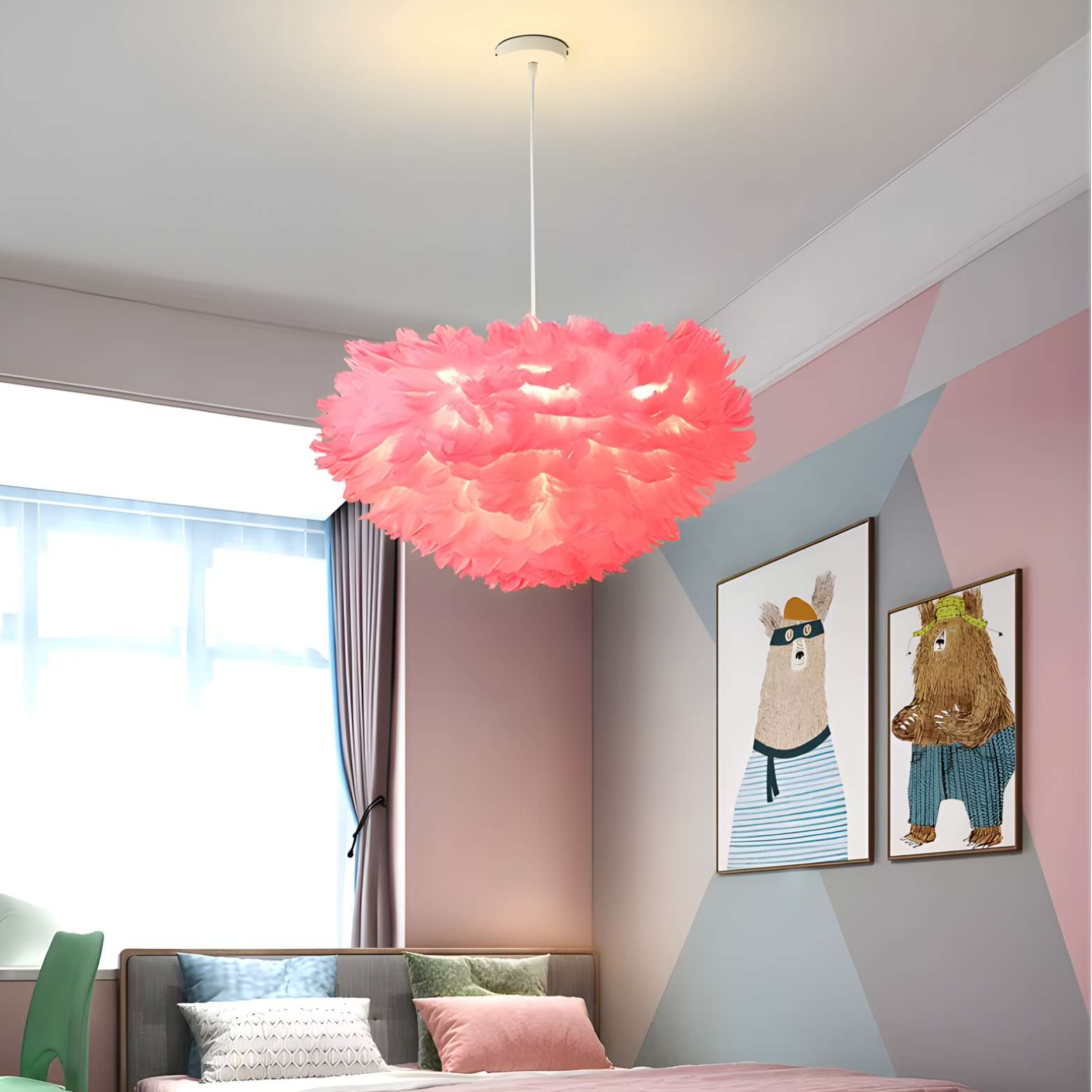 Pink feather-style pendant light in a room with colorful wall art and a bed.