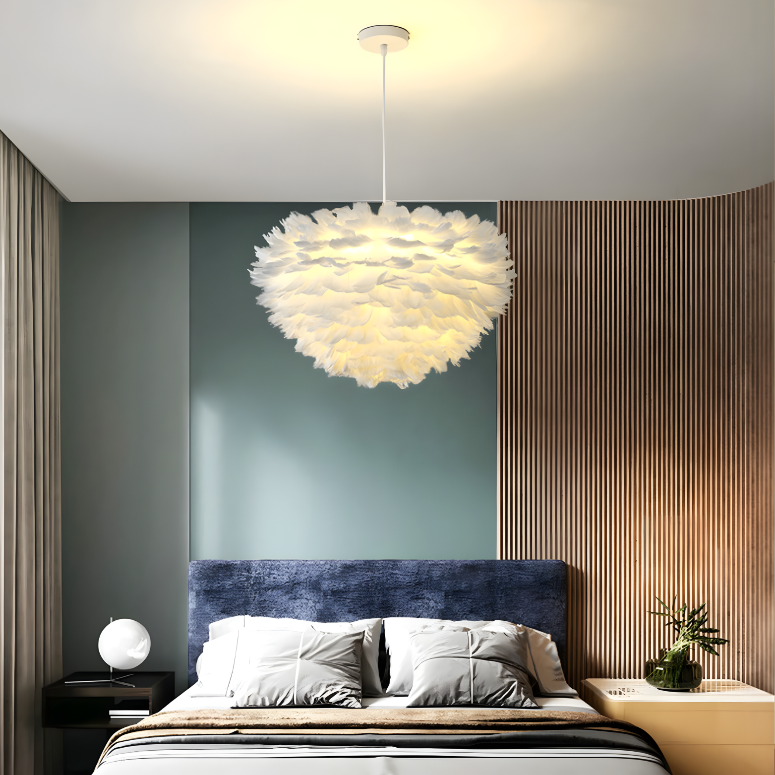 Modern bedroom with a stylish chandelier, bed, and decorative elements.