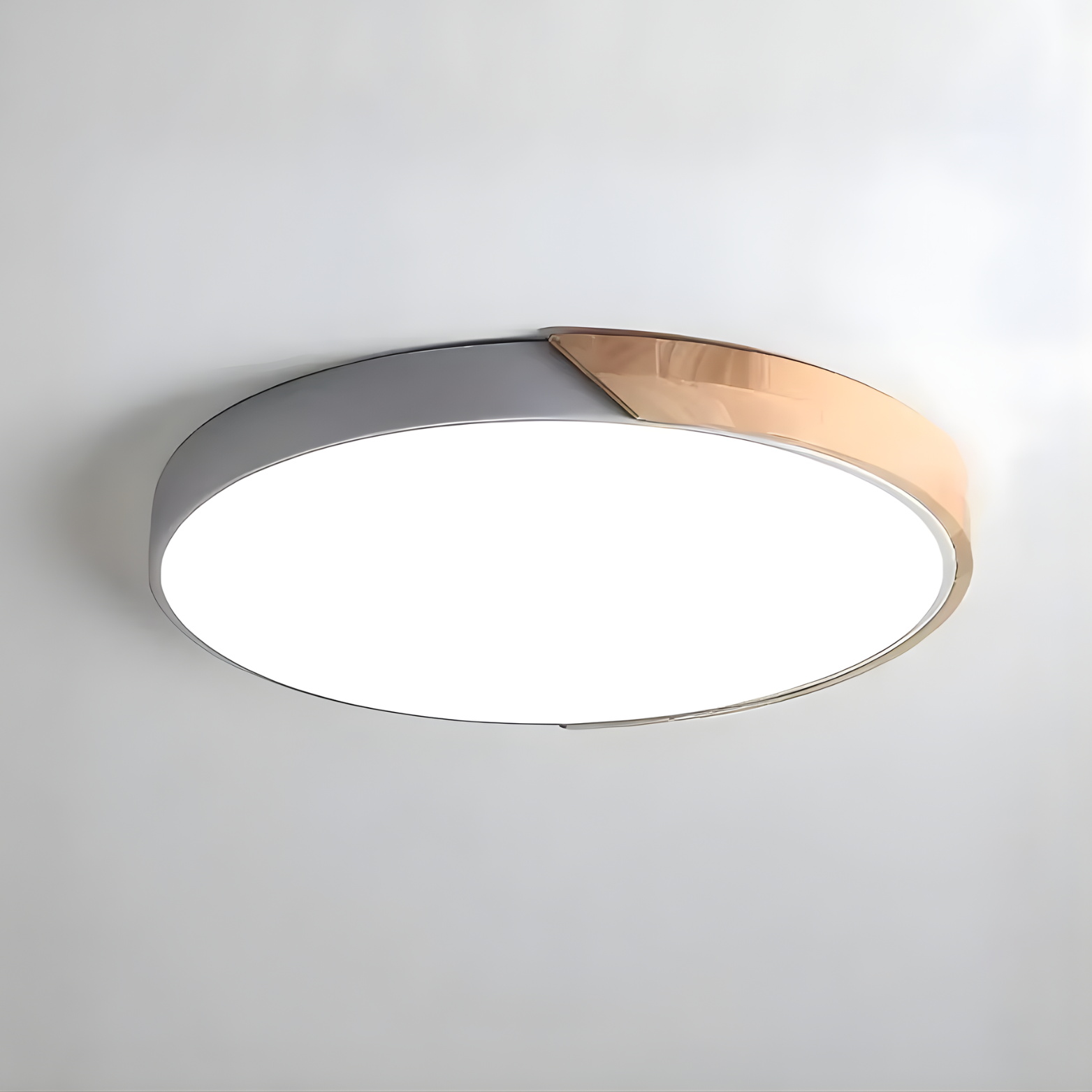 Ceiling light fixture with a metallic design on a plain background