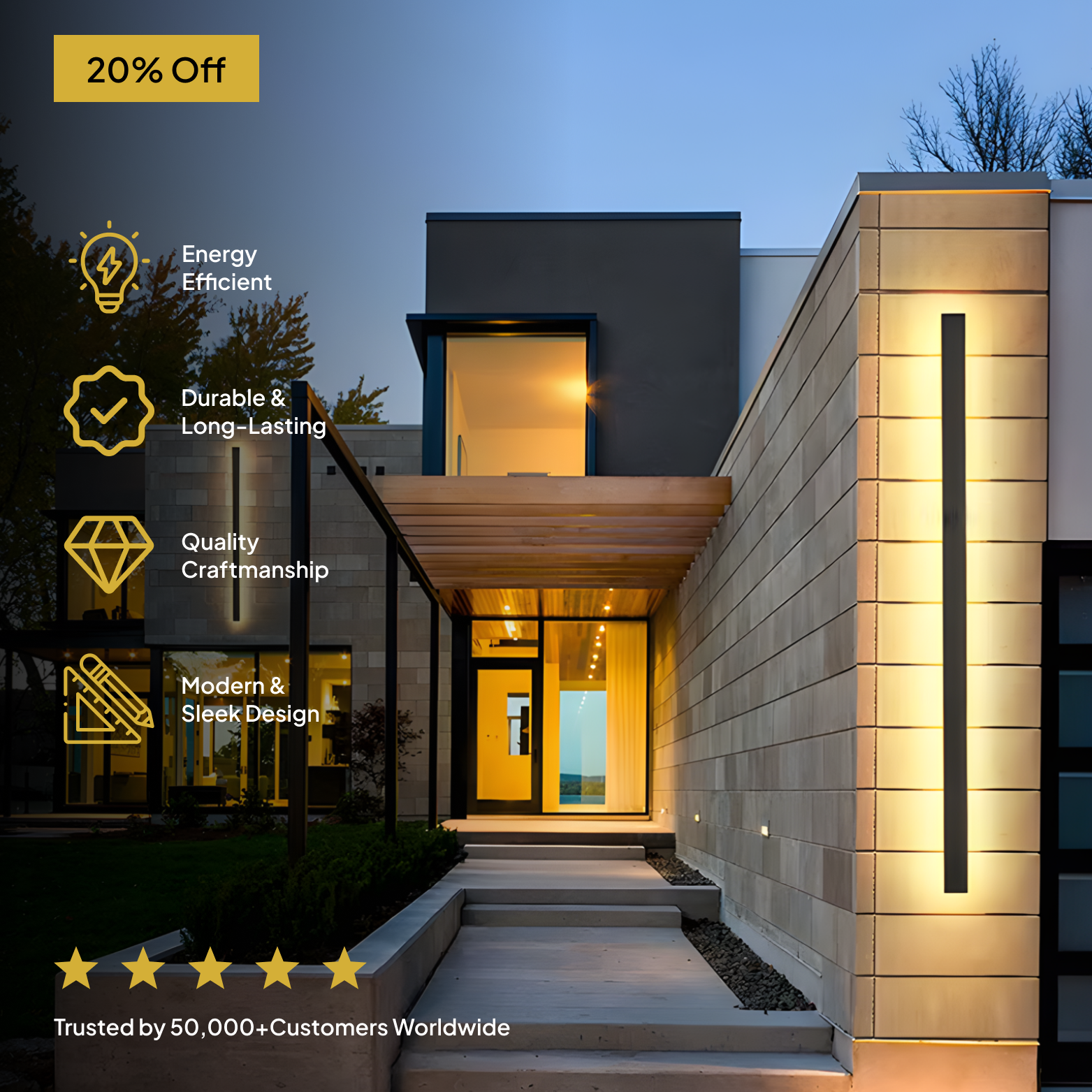 Modern house exterior with energy-efficient features highlighted