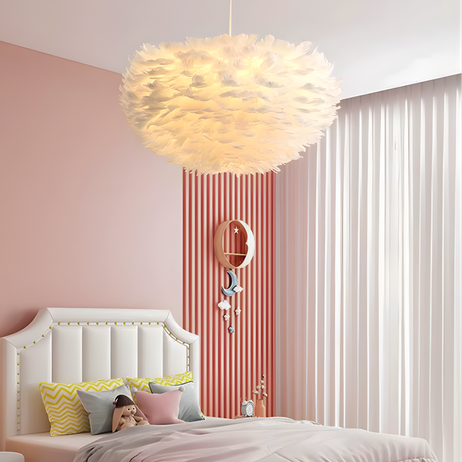 Bedroom with a feathered ceiling light fixture, pink walls, and a bed with colorful pillows.