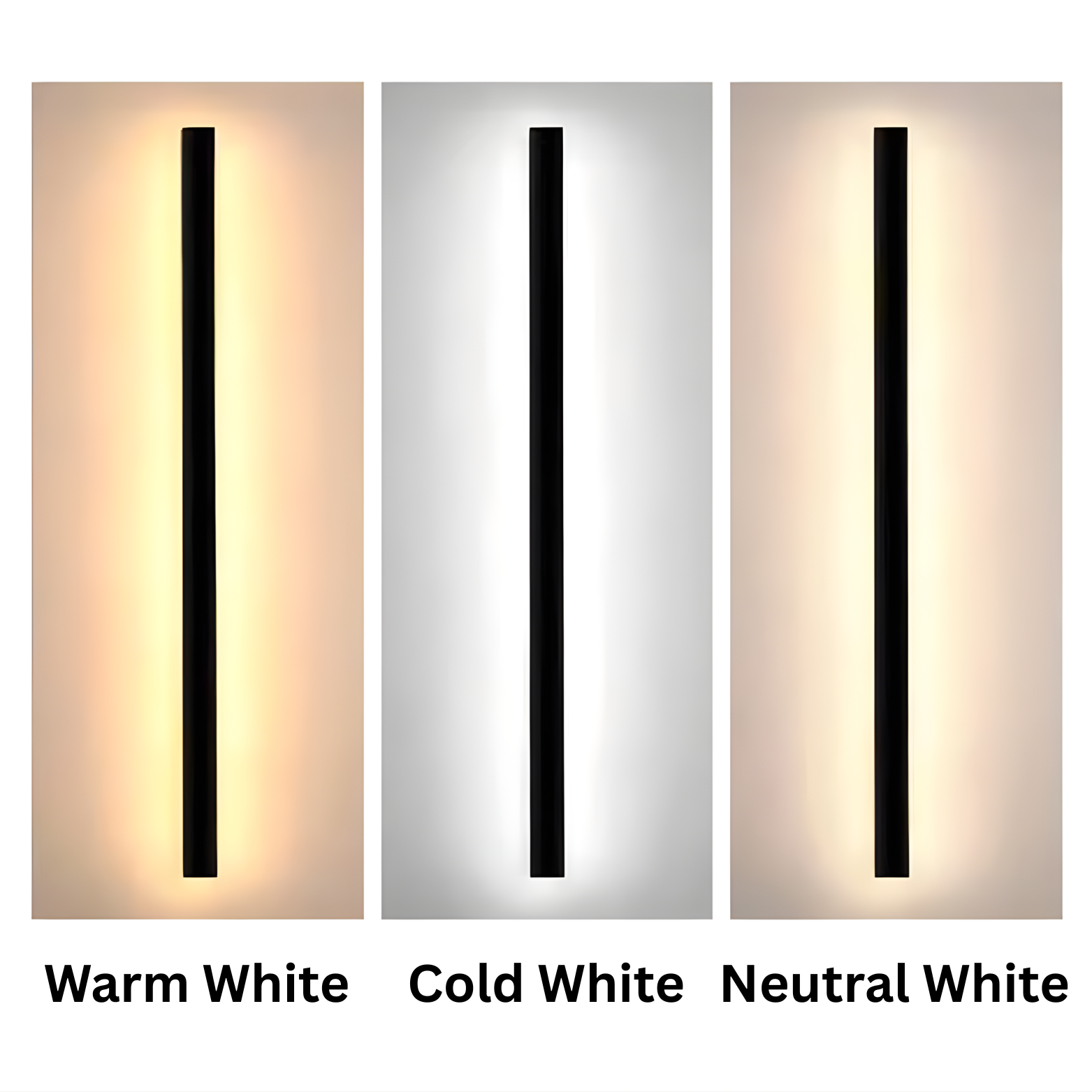 Three wall lights showing Warm White, Cold White, and Neutral White light options.