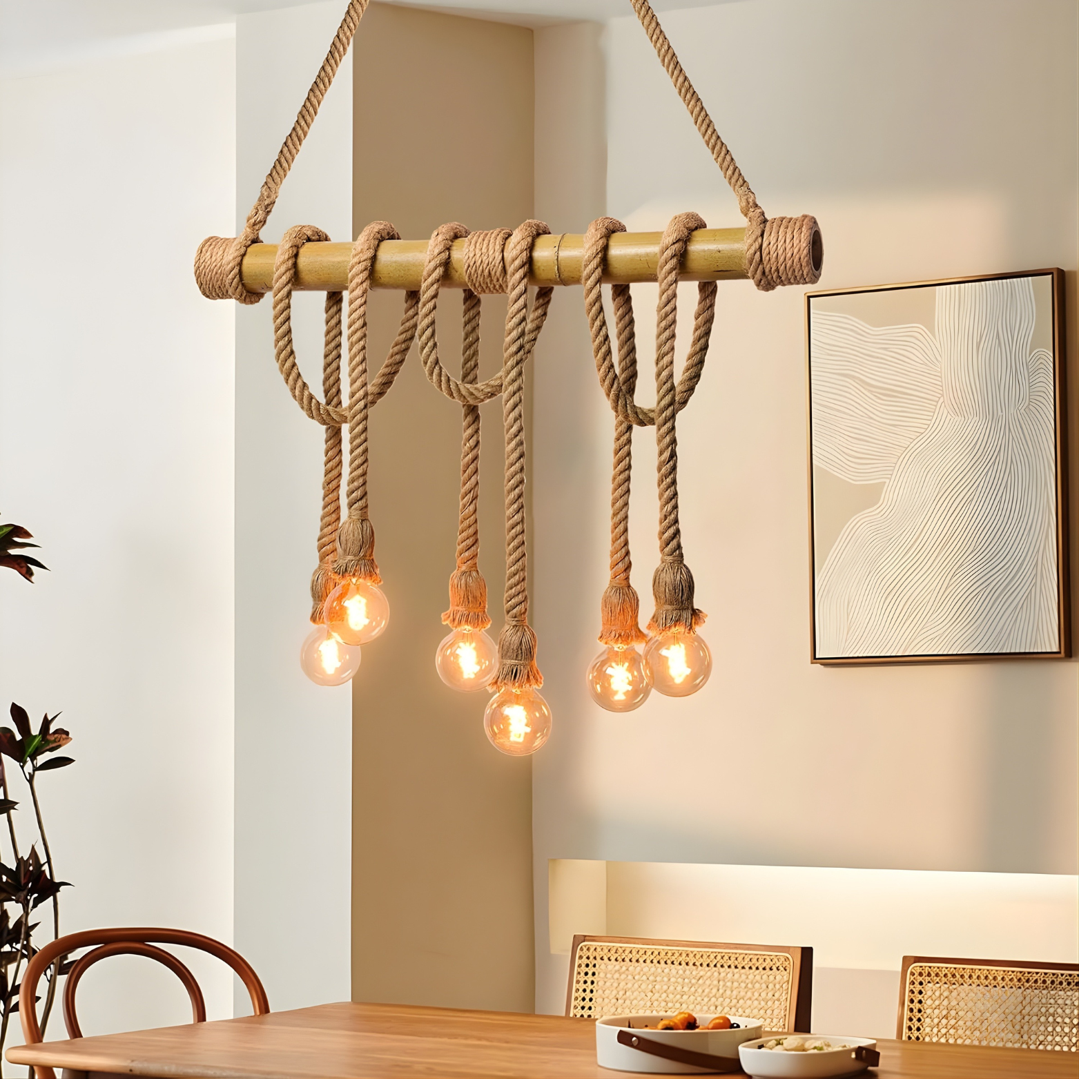 Rustic pendant light with wooden bar and rope lights hanging in a room.