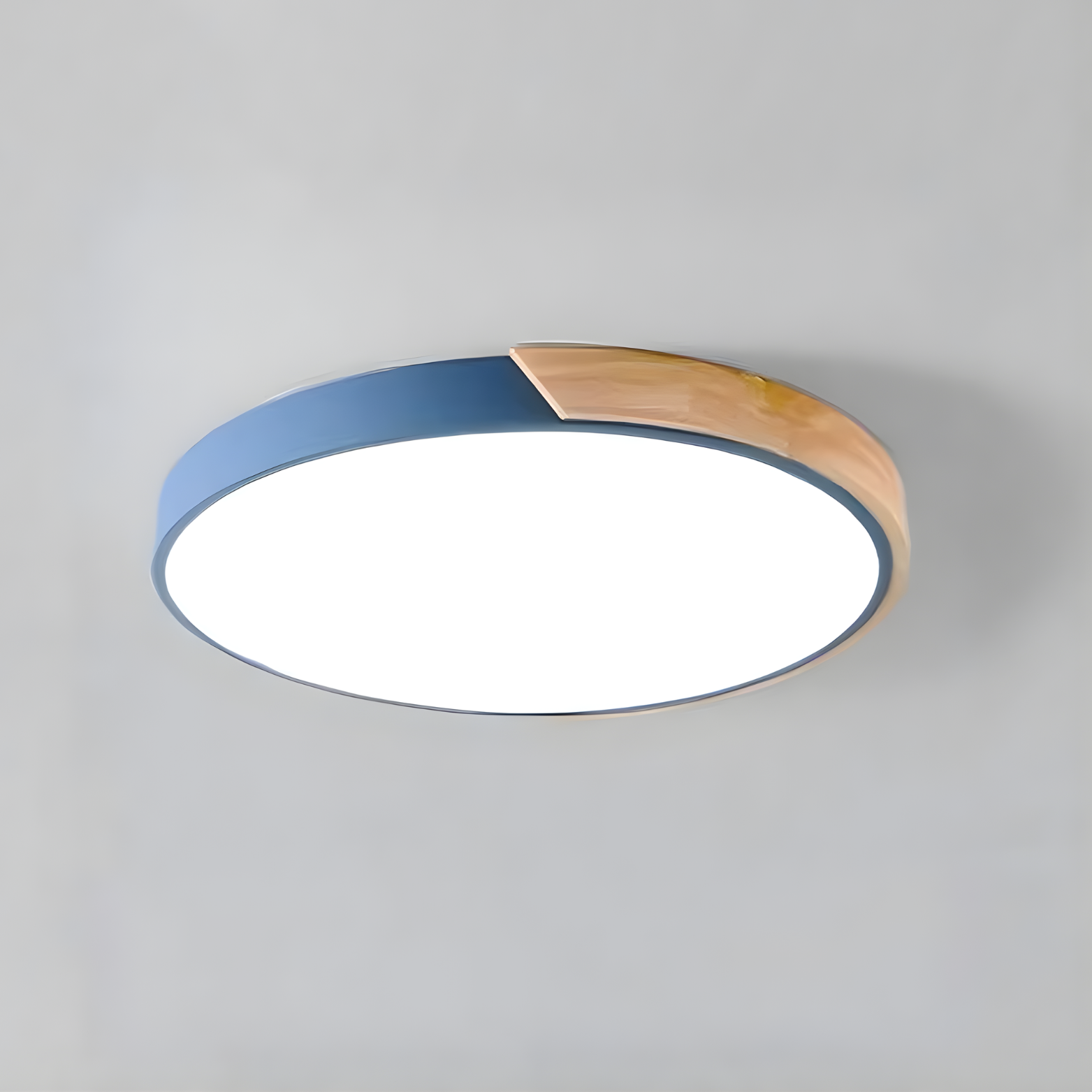 Ceiling light fixture with blue and wooden design on a gray background