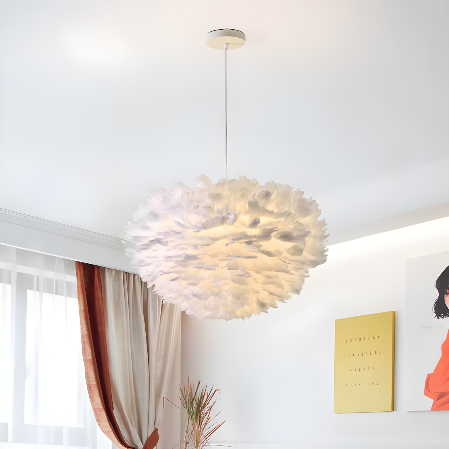 Chandelier hanging in a room with a window and wall art.