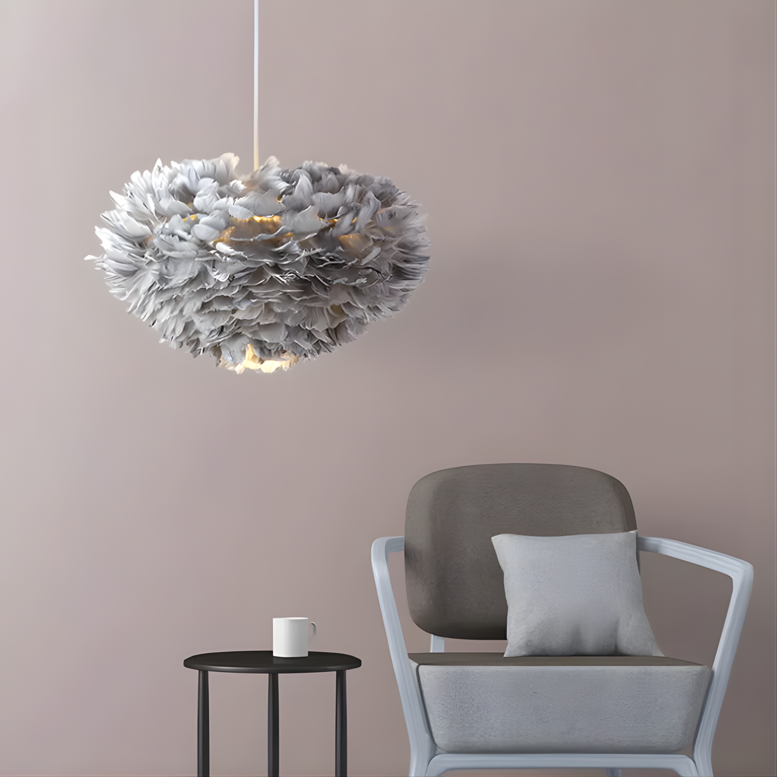 Modern chair with a decorative light fixture against a plain wall.