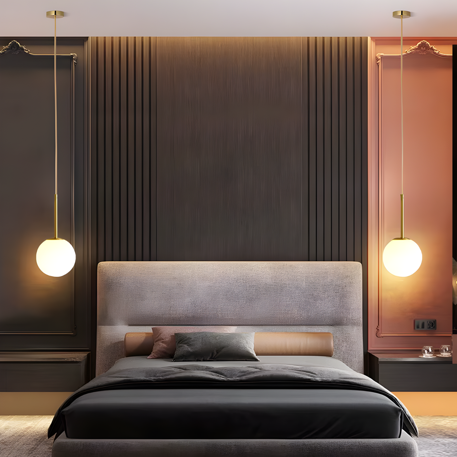 Modern bedroom with a bed, headboard, and decorative lighting.