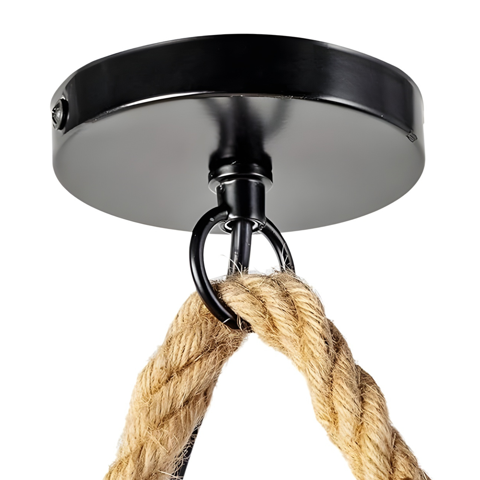 Pendant Light Black metal ceiling mount with a rope on a white background