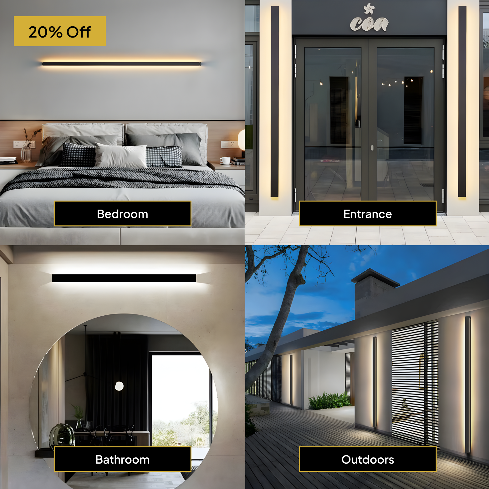Collage of interior and exterior lighting fixtures with labels for bedroom, entrance, bathroom, and outdoors, featuring a 20% off offer.