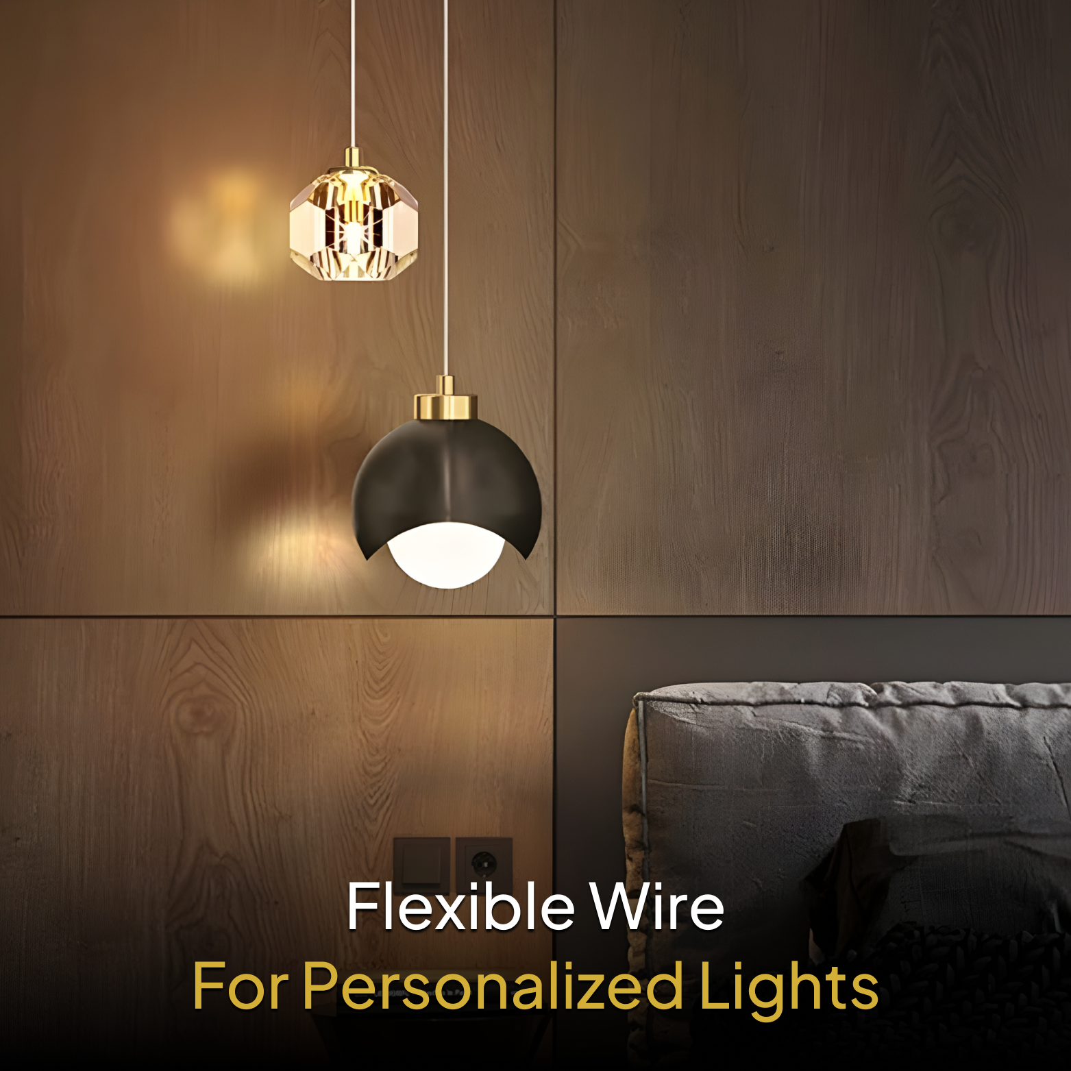 Two pendant lights on a wooden wall with text 'Flexible Wire For Personalized Lights'.