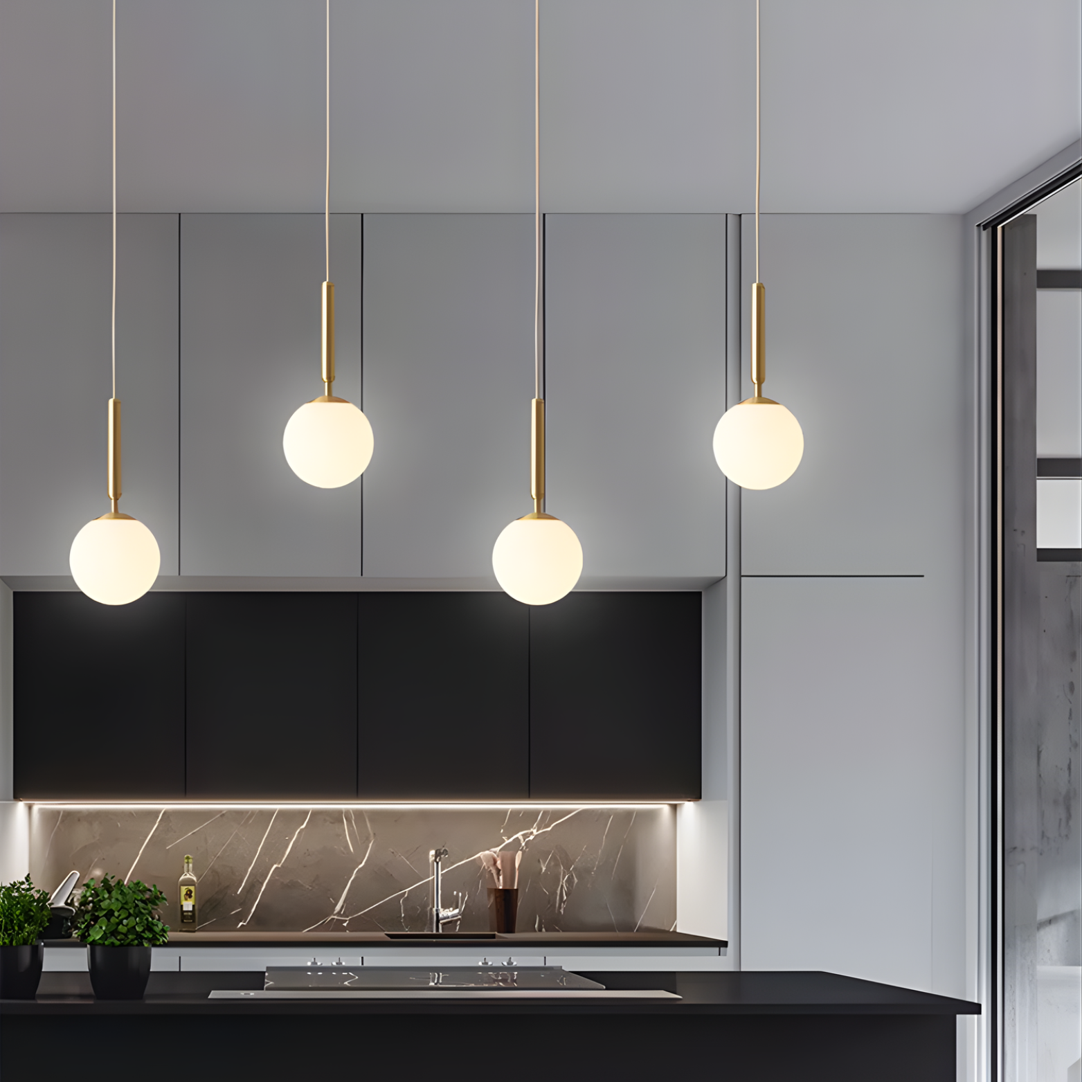 Modern kitchen with pendant lights and gray cabinets