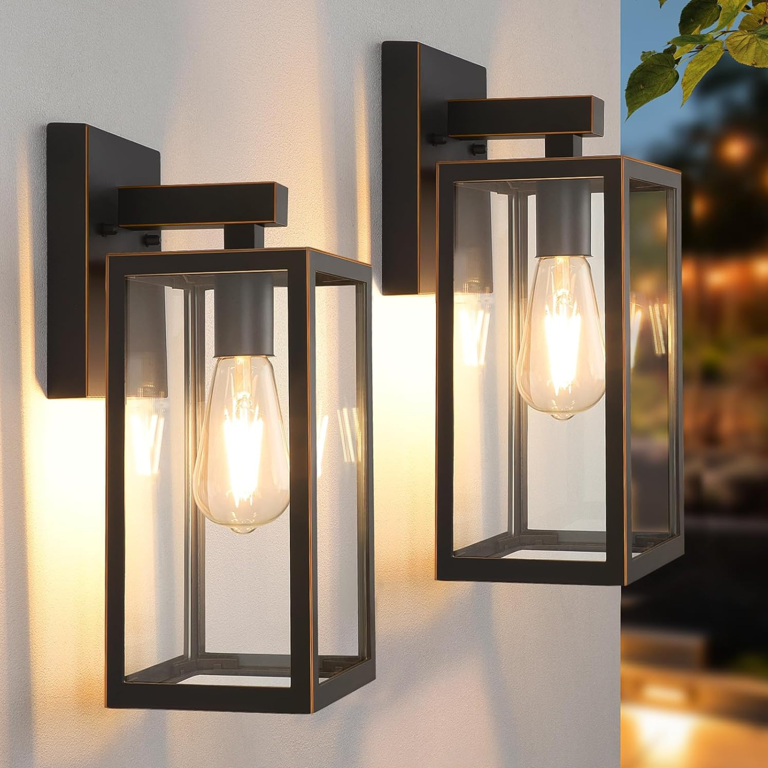 Two outdoor wall lights with glass covers on a wall, one on a neutral background and one outdoors.