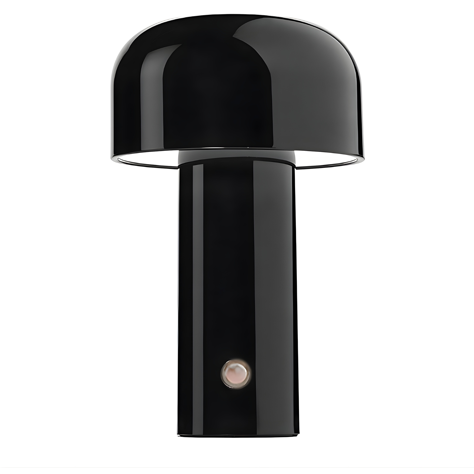 Black wall lamp with a cylindrical body and rounded shade on a white background
