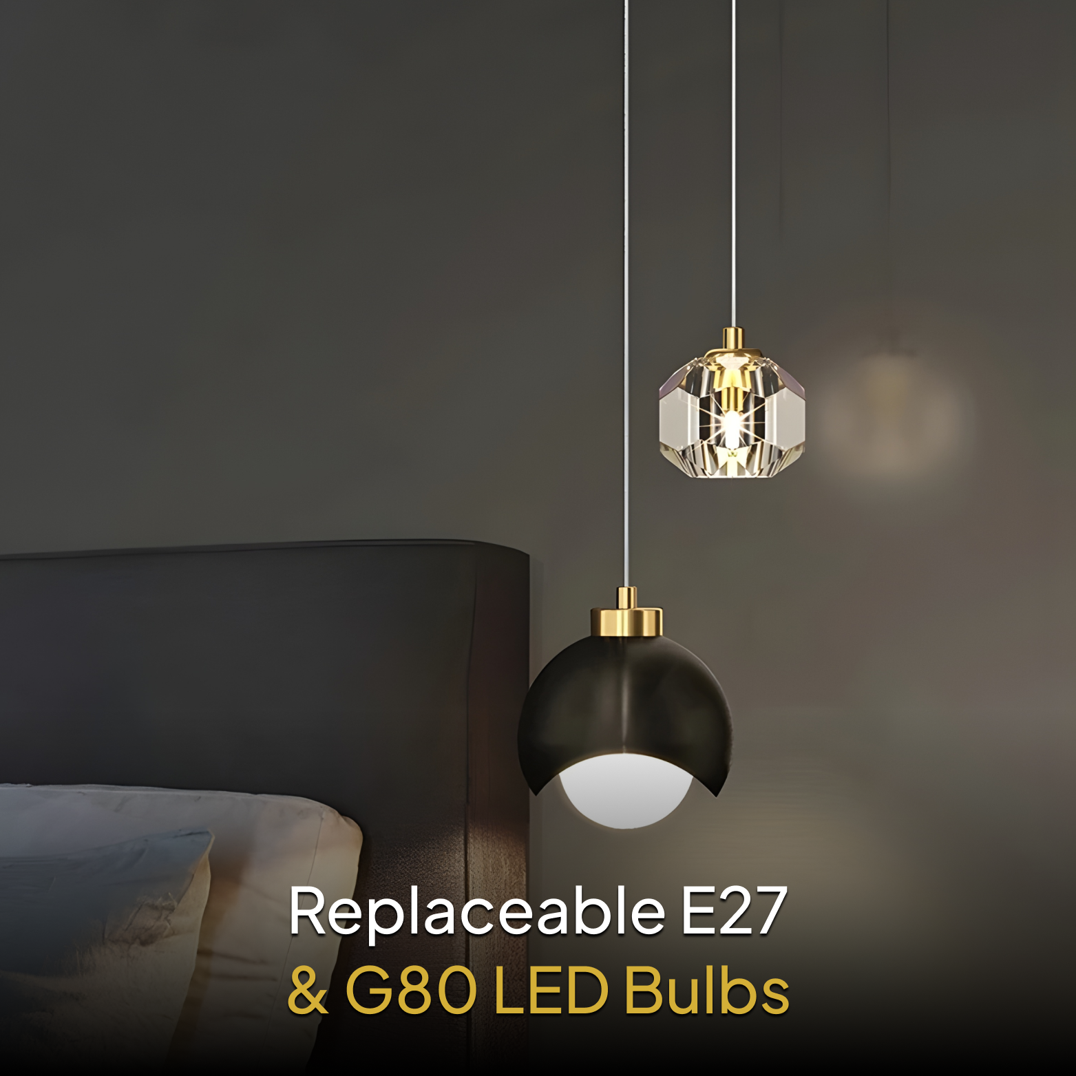 Two pendant lights hanging above a bed with text indicating replaceable LED bulbs.
