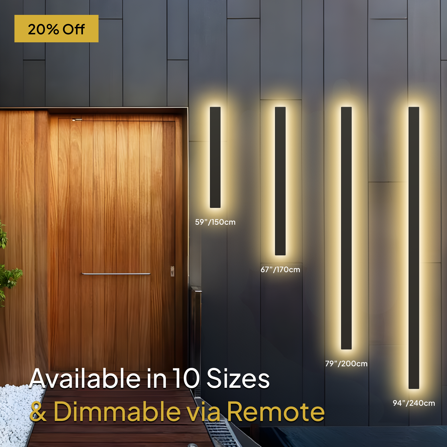 Wall-mounted LED lights with dimensions and promotional text on a modern exterior setting.