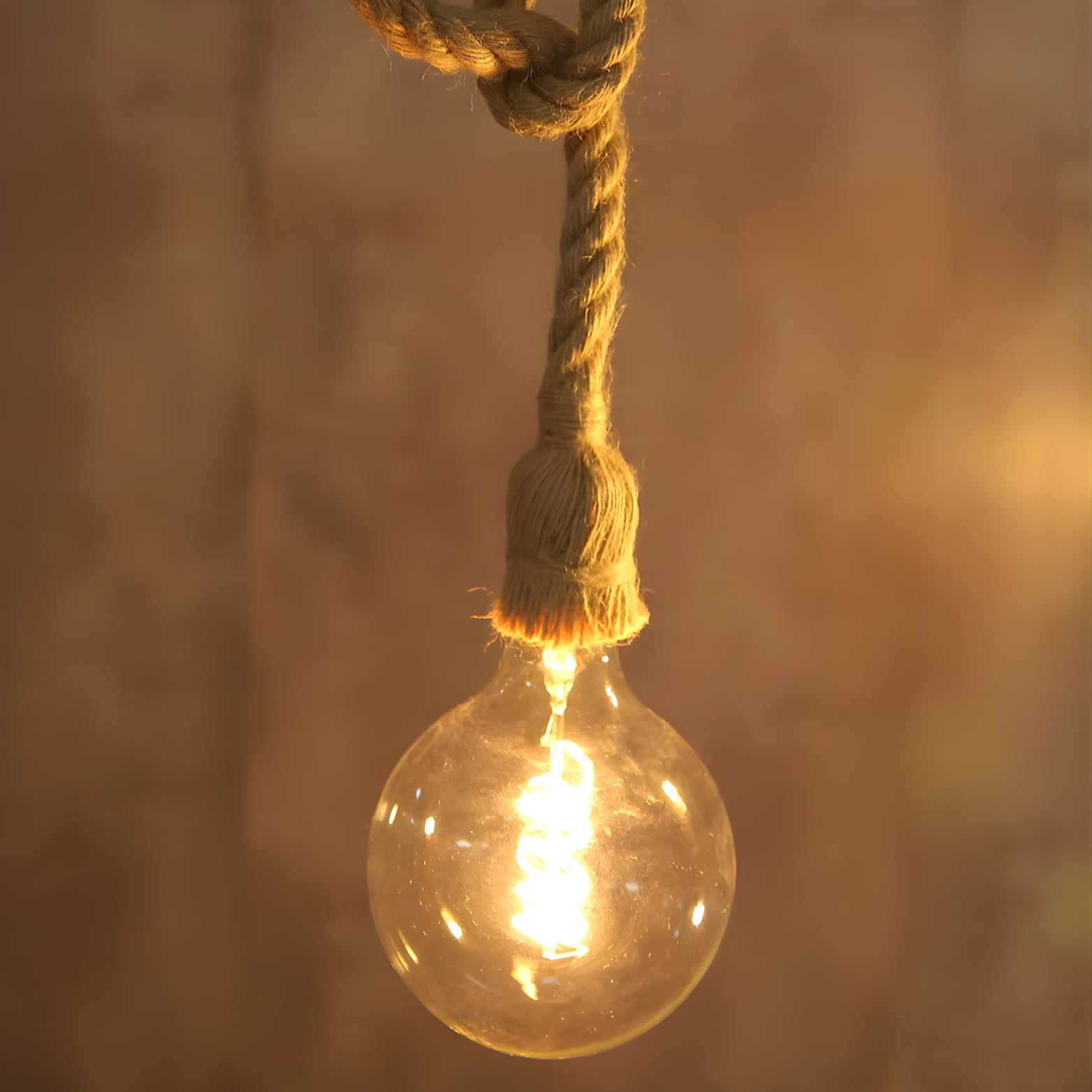Vintage light bulb hanging by a rope against a warm, blurred background