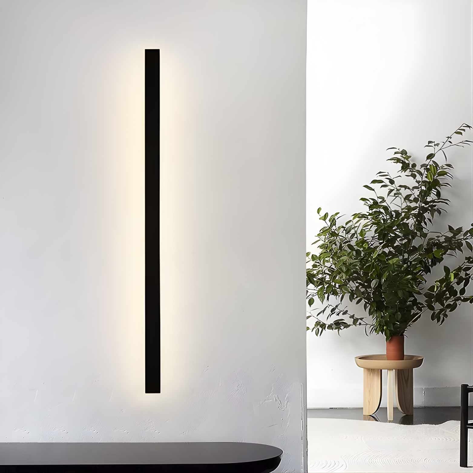 Modern wall-mounted light fixture on a white wall with a plant in the background