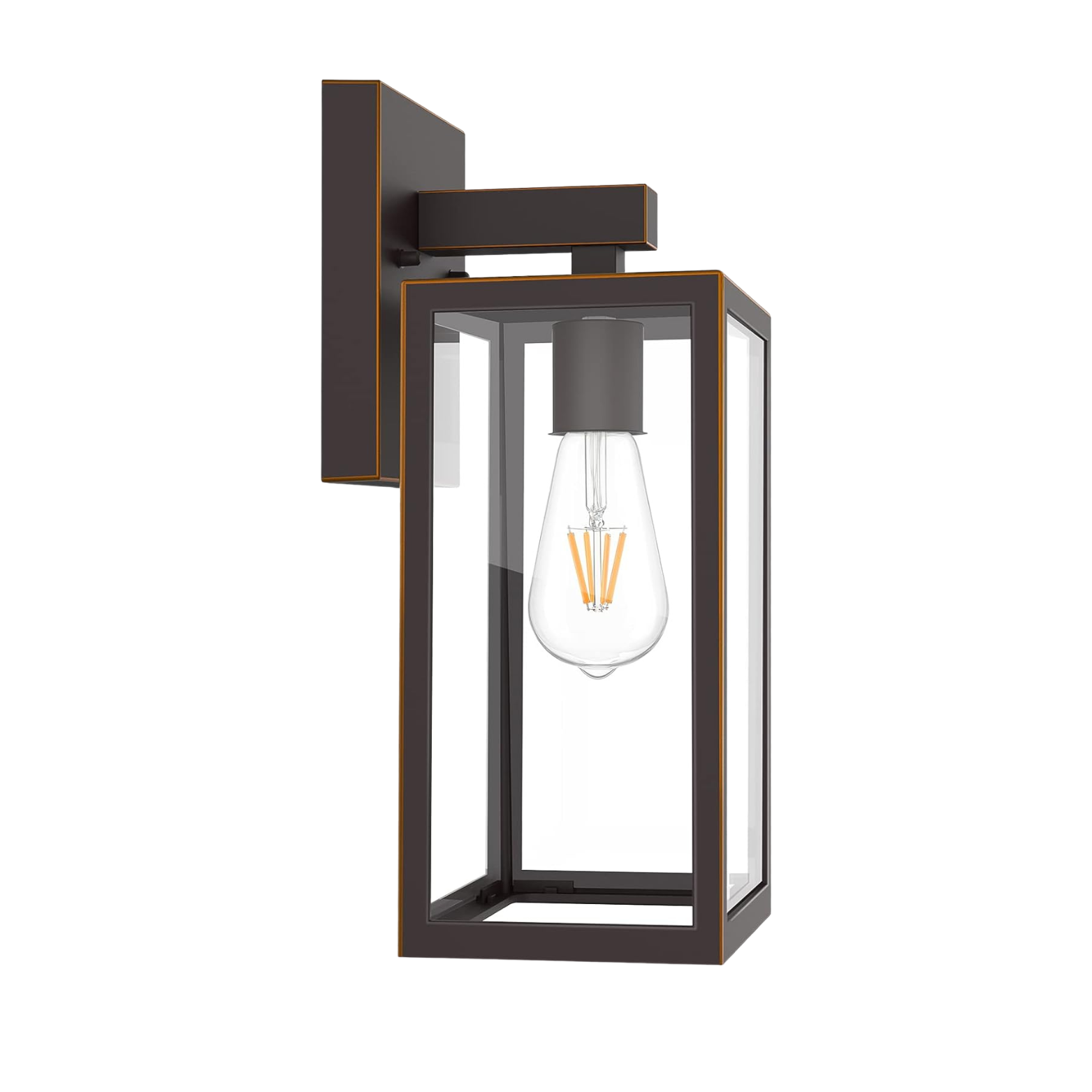 Modern outdoor wall light fixture with clear glass shade on a white background