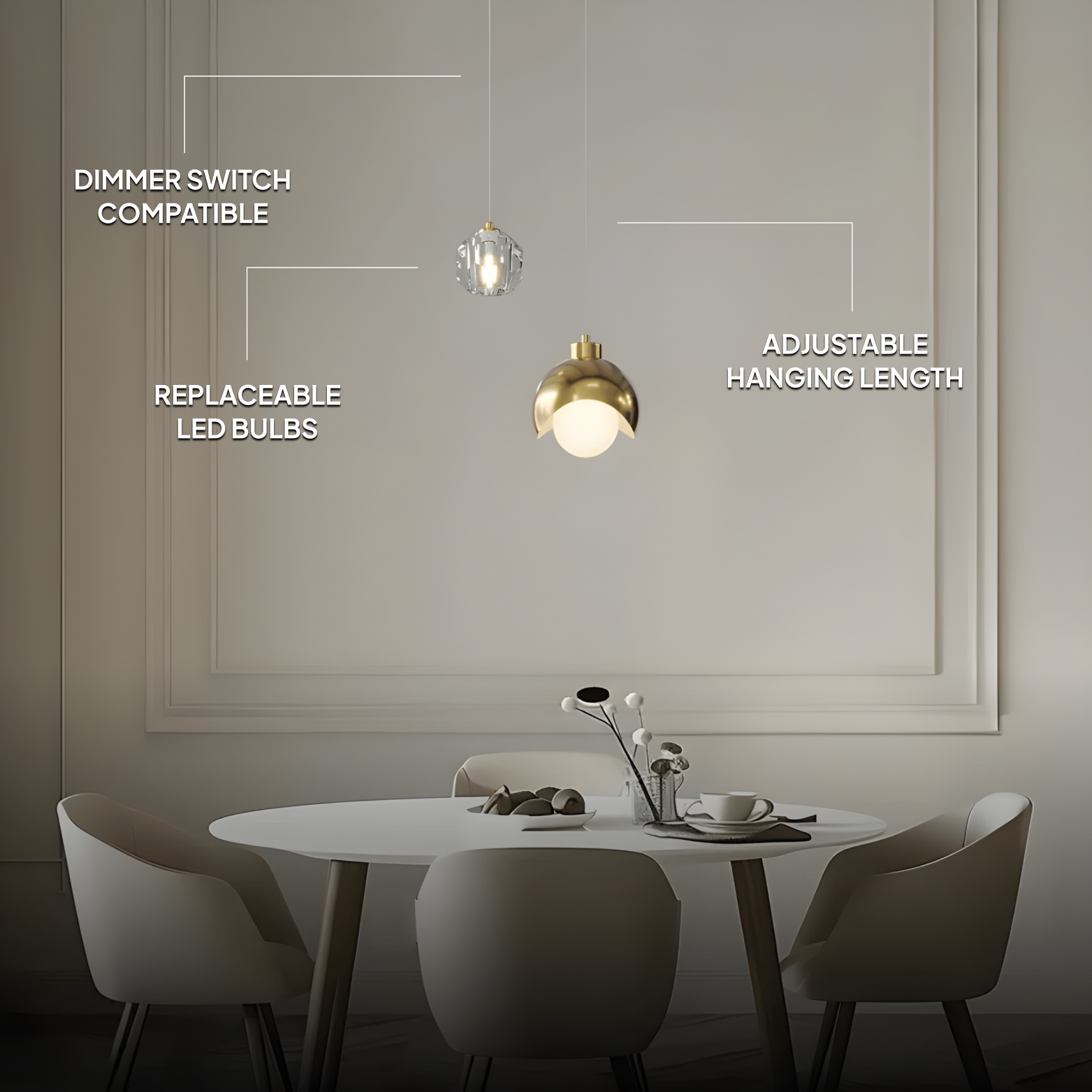 Dining room with a modern pendant light fixture, table, and chairs.