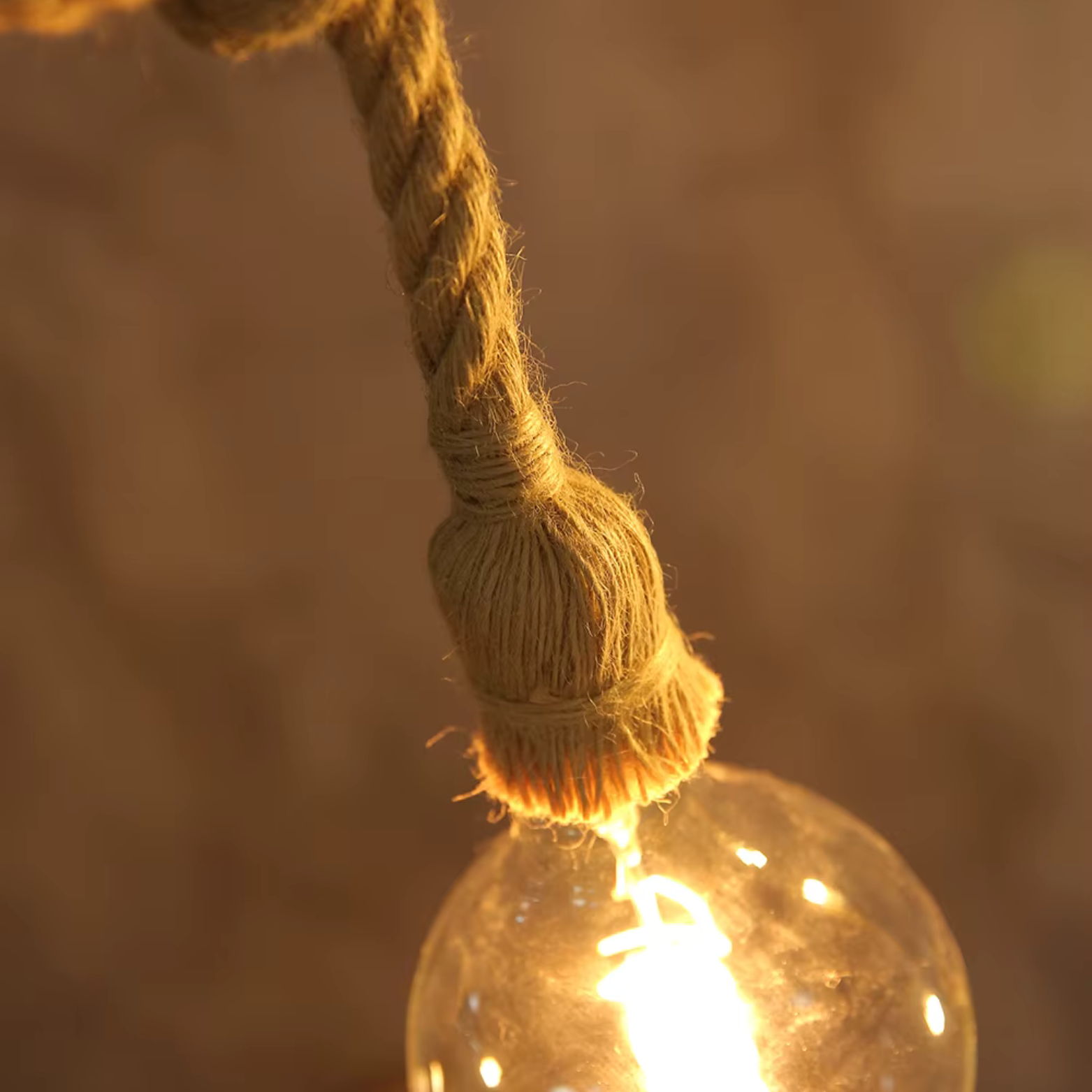 Light bulb hanging by a rope with a warm glow against a blurred background