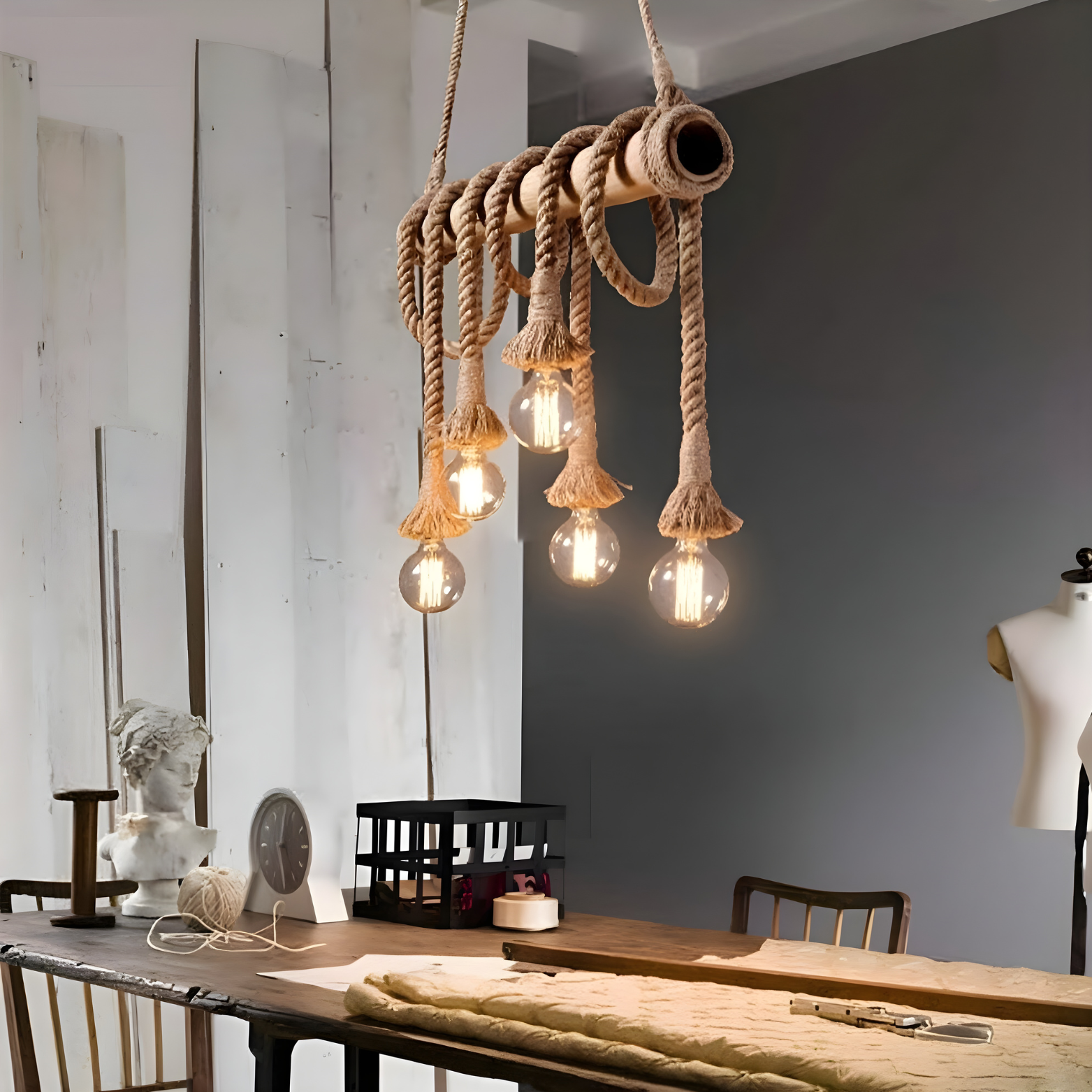 Rustic pendant light with rope design hanging above a wooden table in a room.