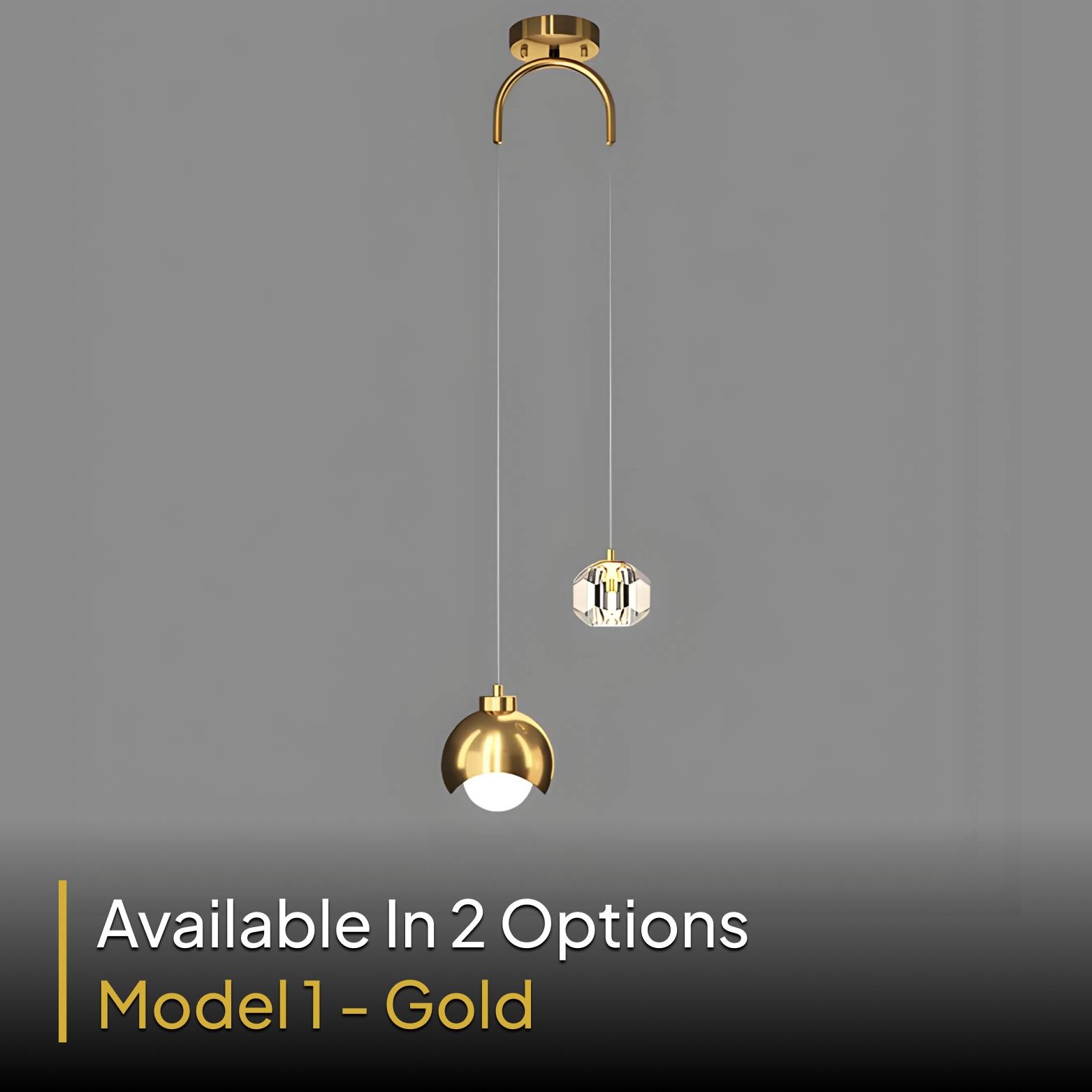 Gold pendant light with crystal accent on a gray background
