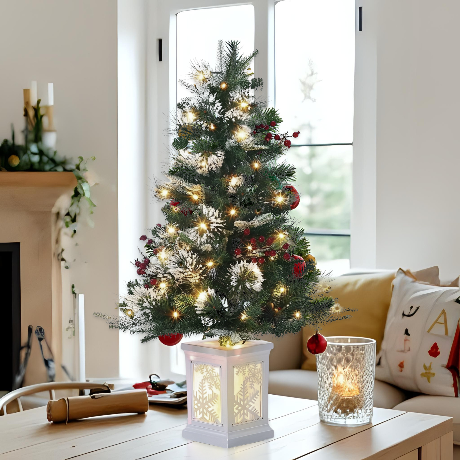 Decorated Christmas tree with lights and ornaments in a living room setting.