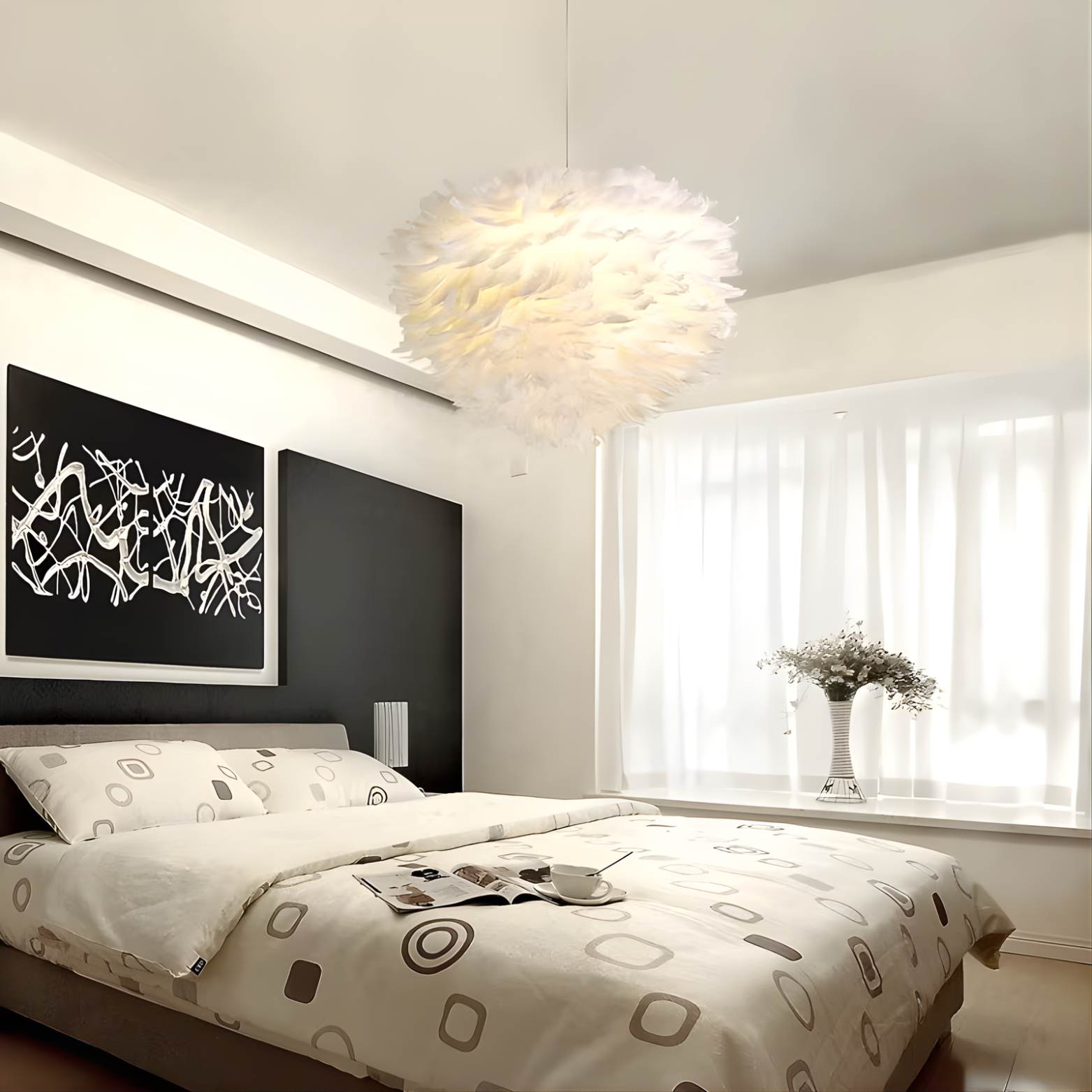 Modern bedroom with bed, artwork, and window with blinds