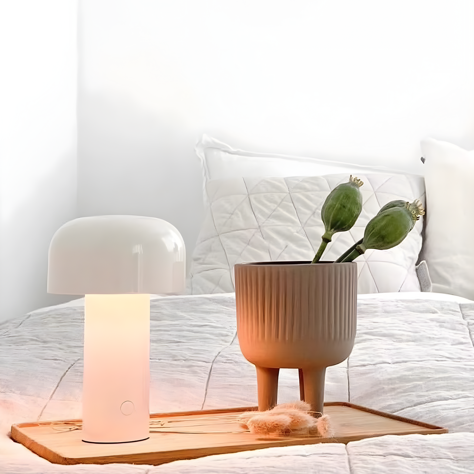 White lamp and beige plant pot on a wooden tray with a white background