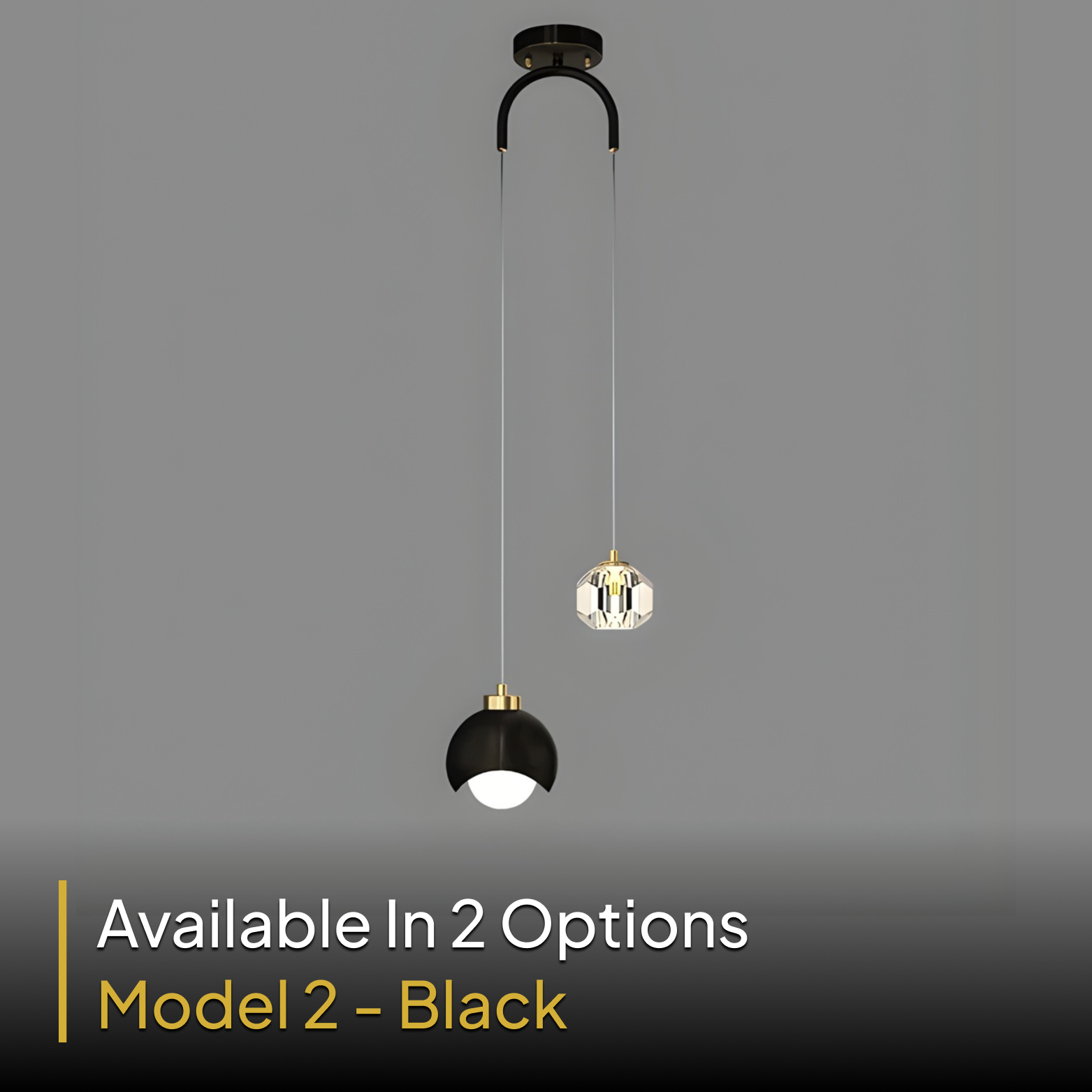 Two pendant lights, one black and one with a clear glass shade, on a gray background.