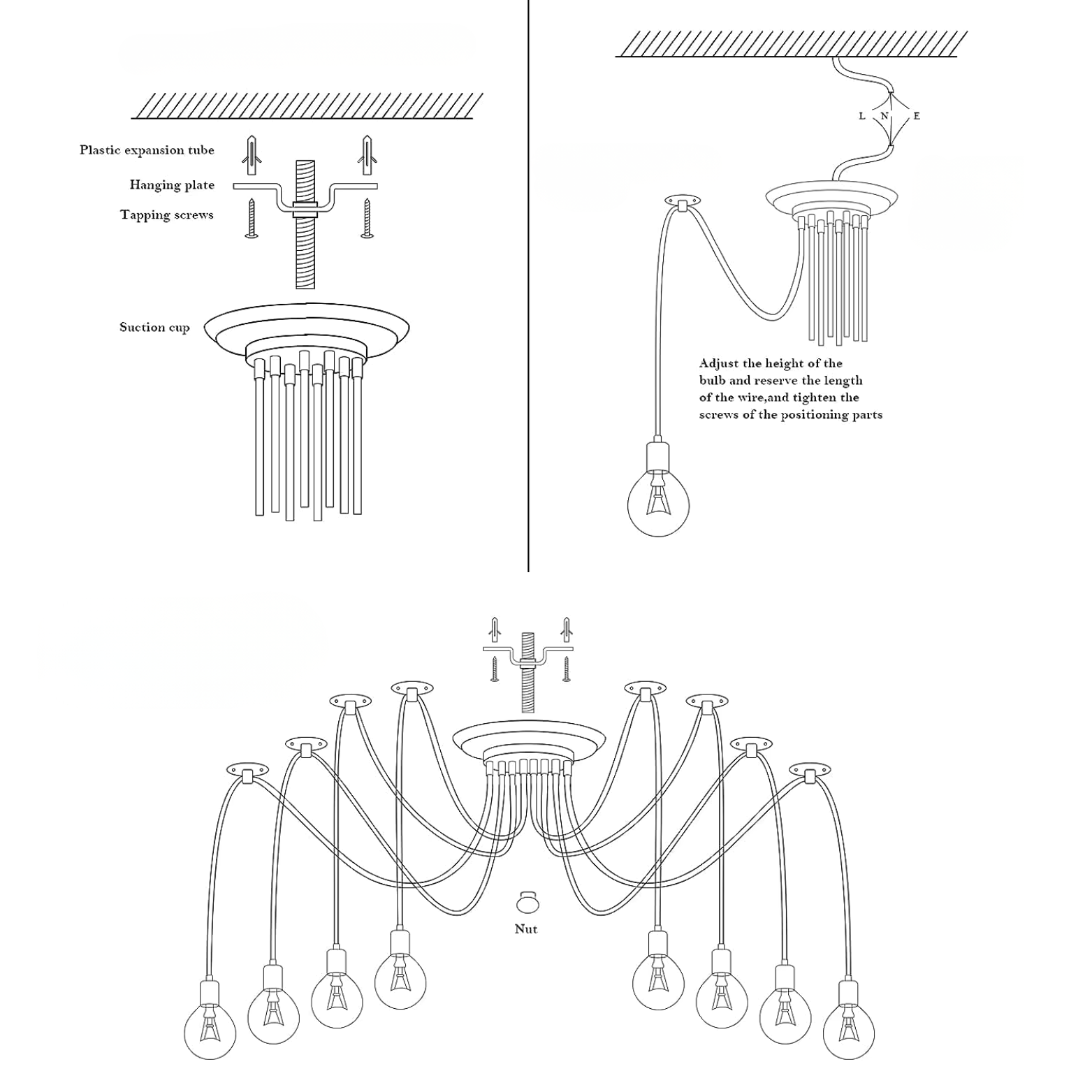 Technical diagram of a chandelier assembly with labeled parts and instructions.