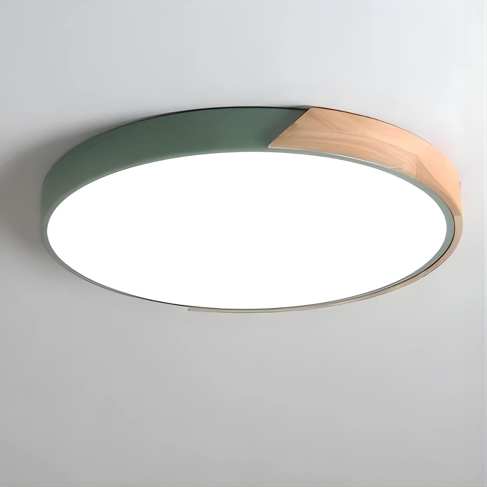 Ceiling light fixture with green and wooden design on a plain background