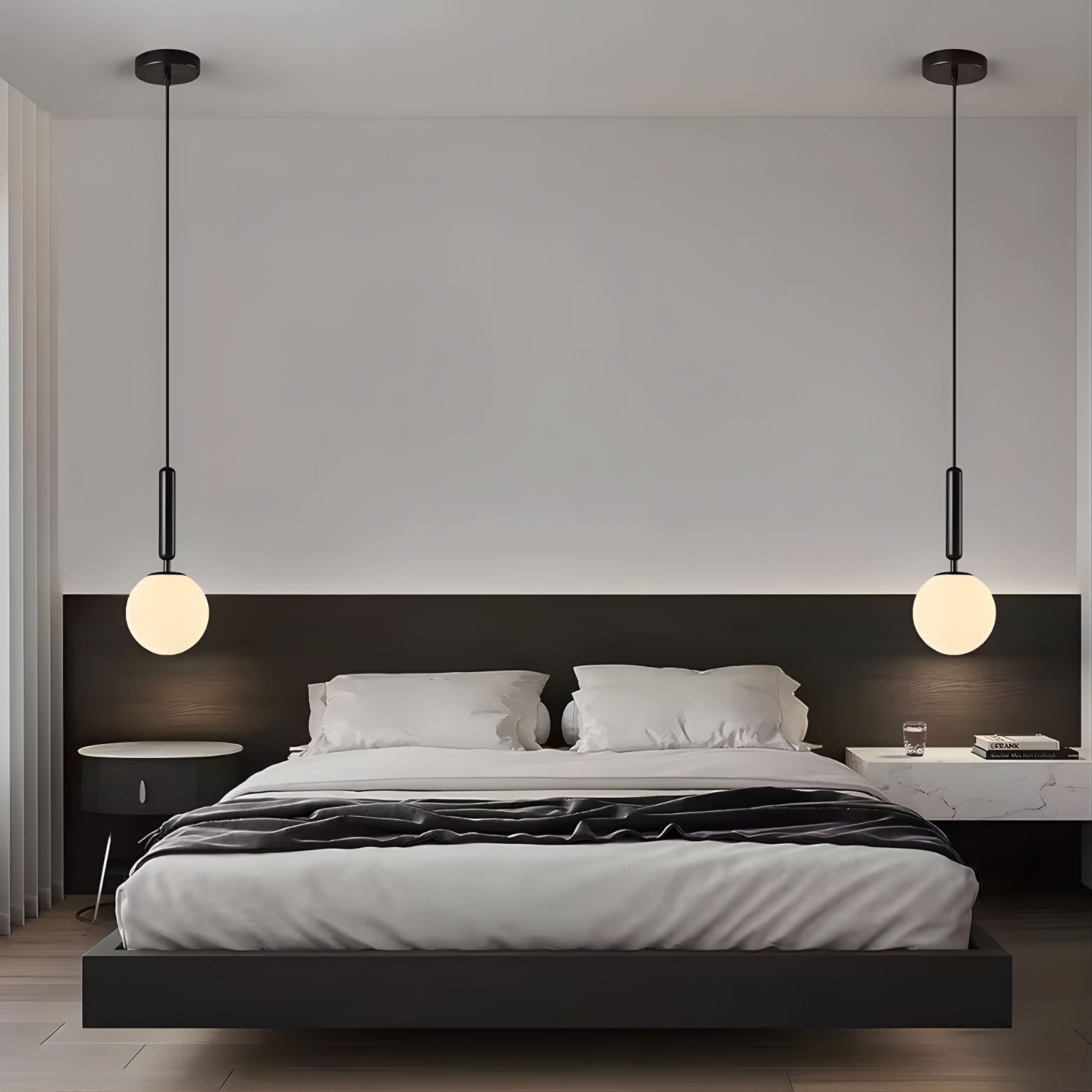 Modern bedroom with a bed, nightstands, and pendant lights.