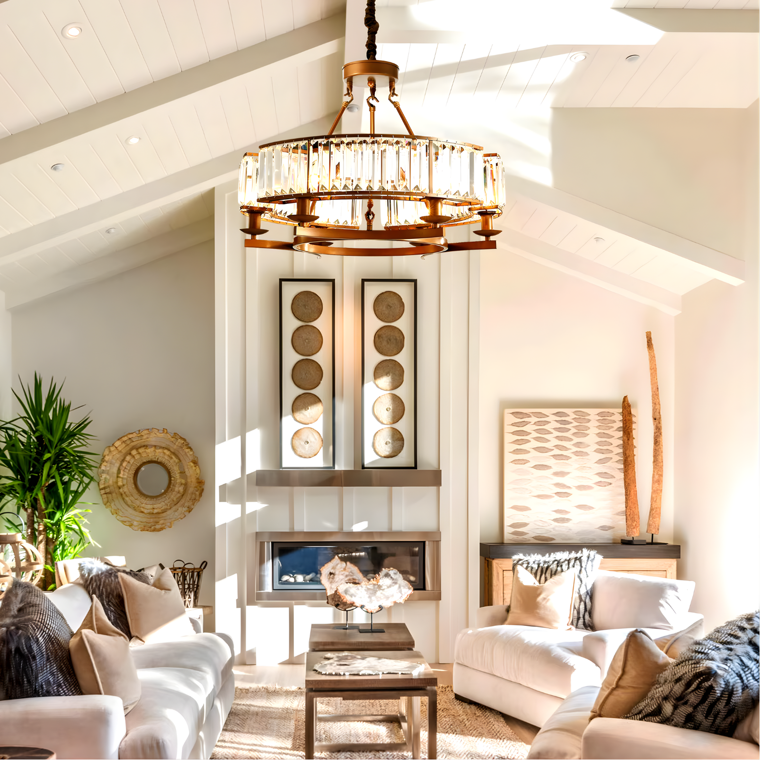 Modern living room with a chandelier, sofas, and decorative elements.