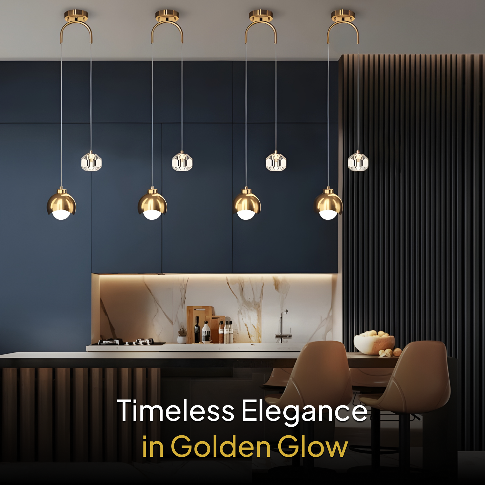 Modern kitchen interior with hanging pendant lights and text 'Timeless Elegance in Golden Glow'.